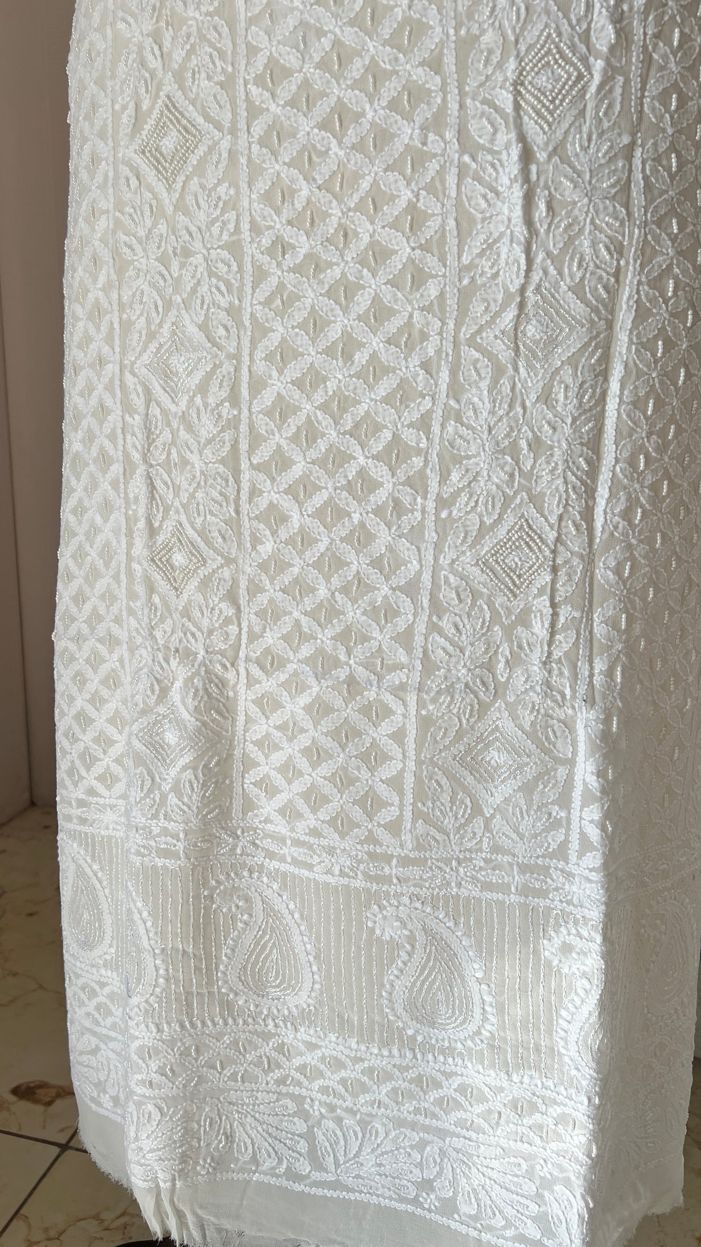 White Chikankari pearl and aari work Kurta and Dupatta