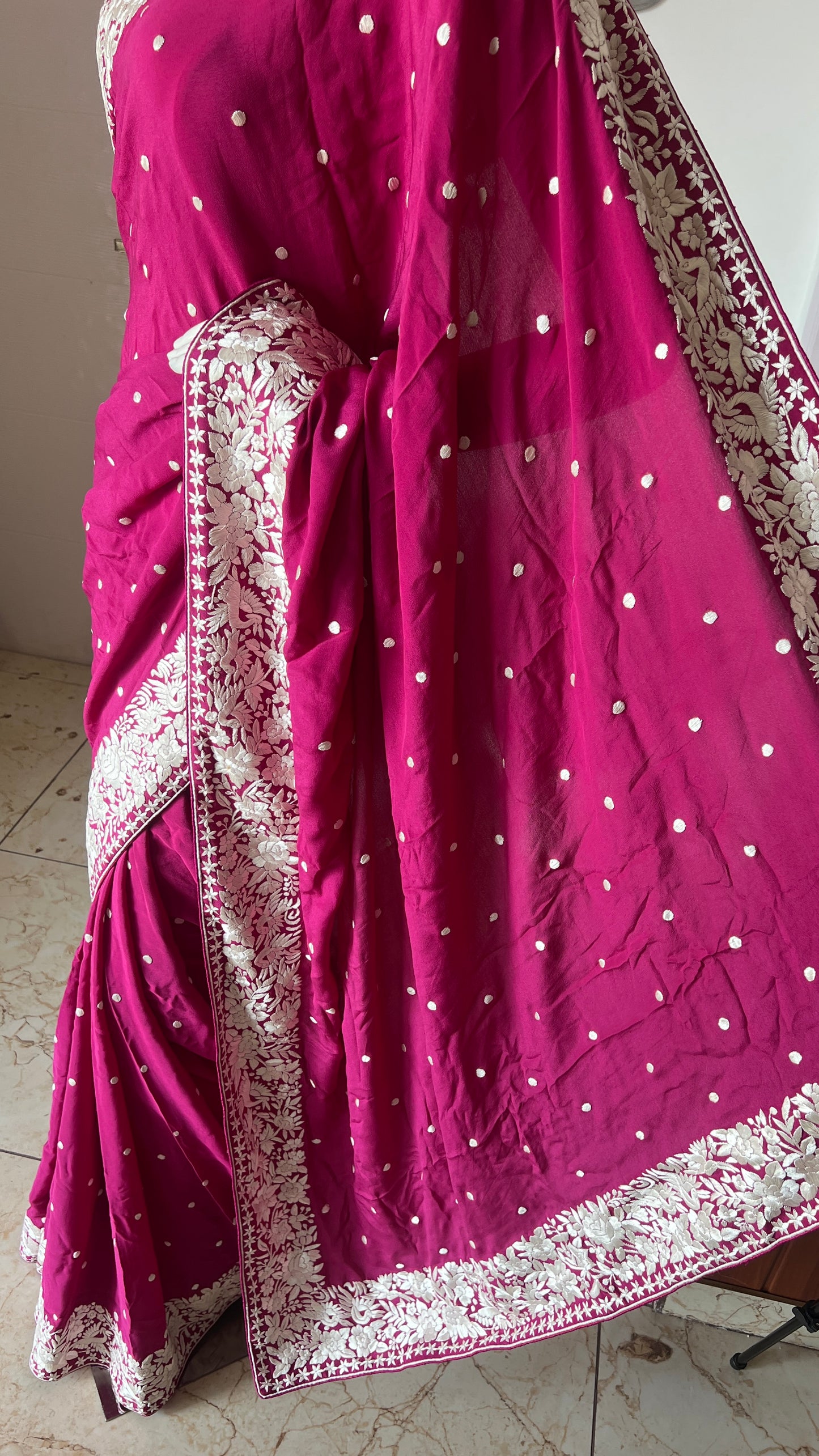 Fuchsia Pink Pure Crepe Parsi Gara Hand Embroidered Saree