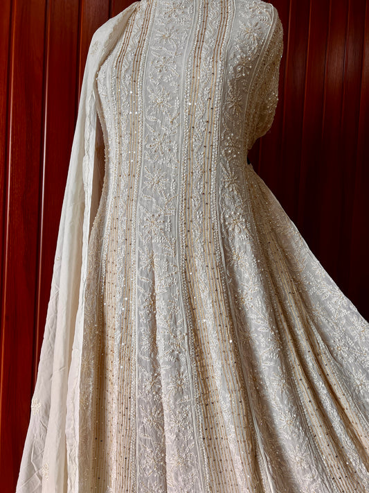 Champagne Chikankari Sequins Cut Dana Anarkali with Dupatta