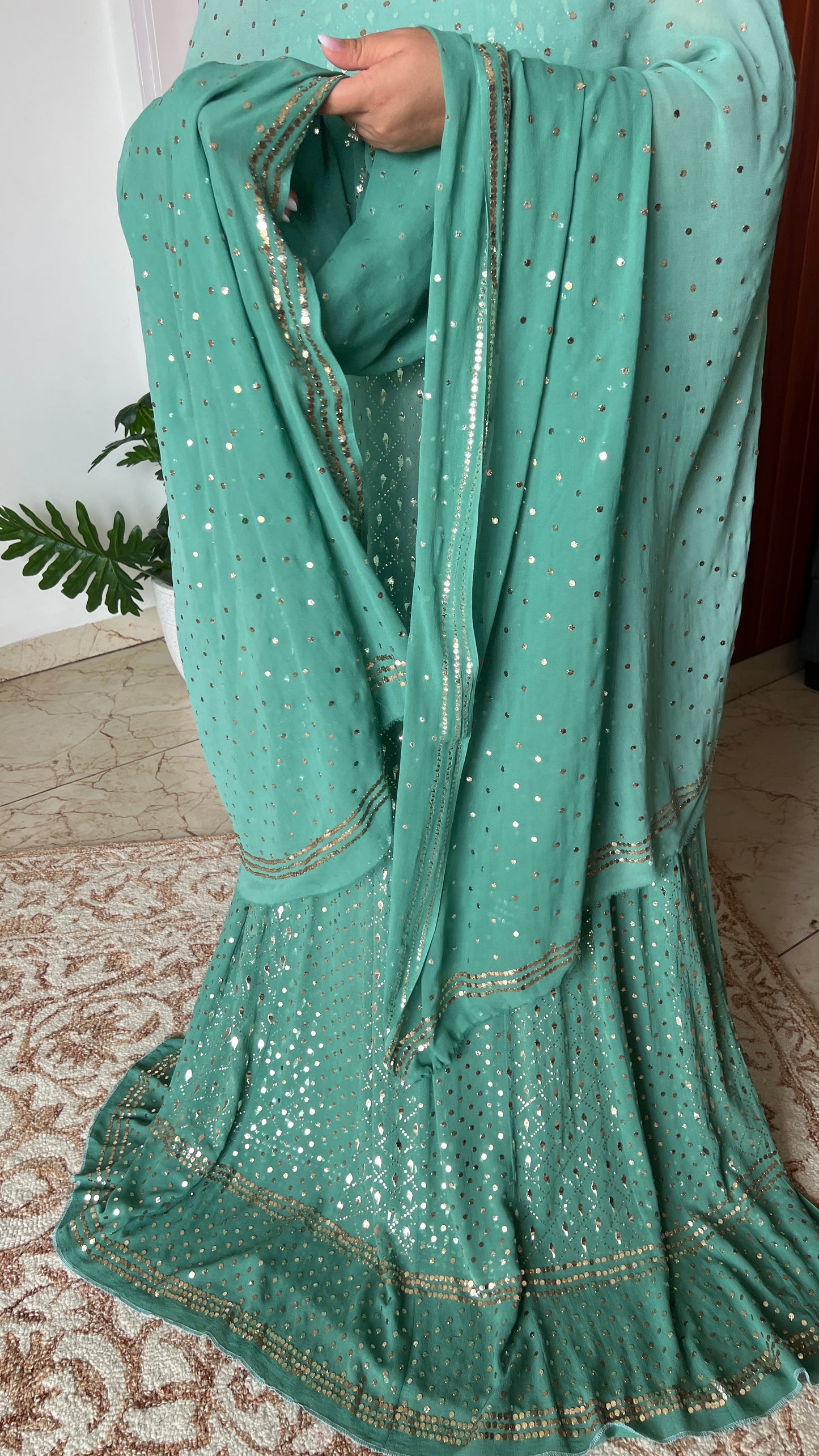 Ruhani Sage green Heavy Mukaish Pure Georgette Anarkali and Dupatta