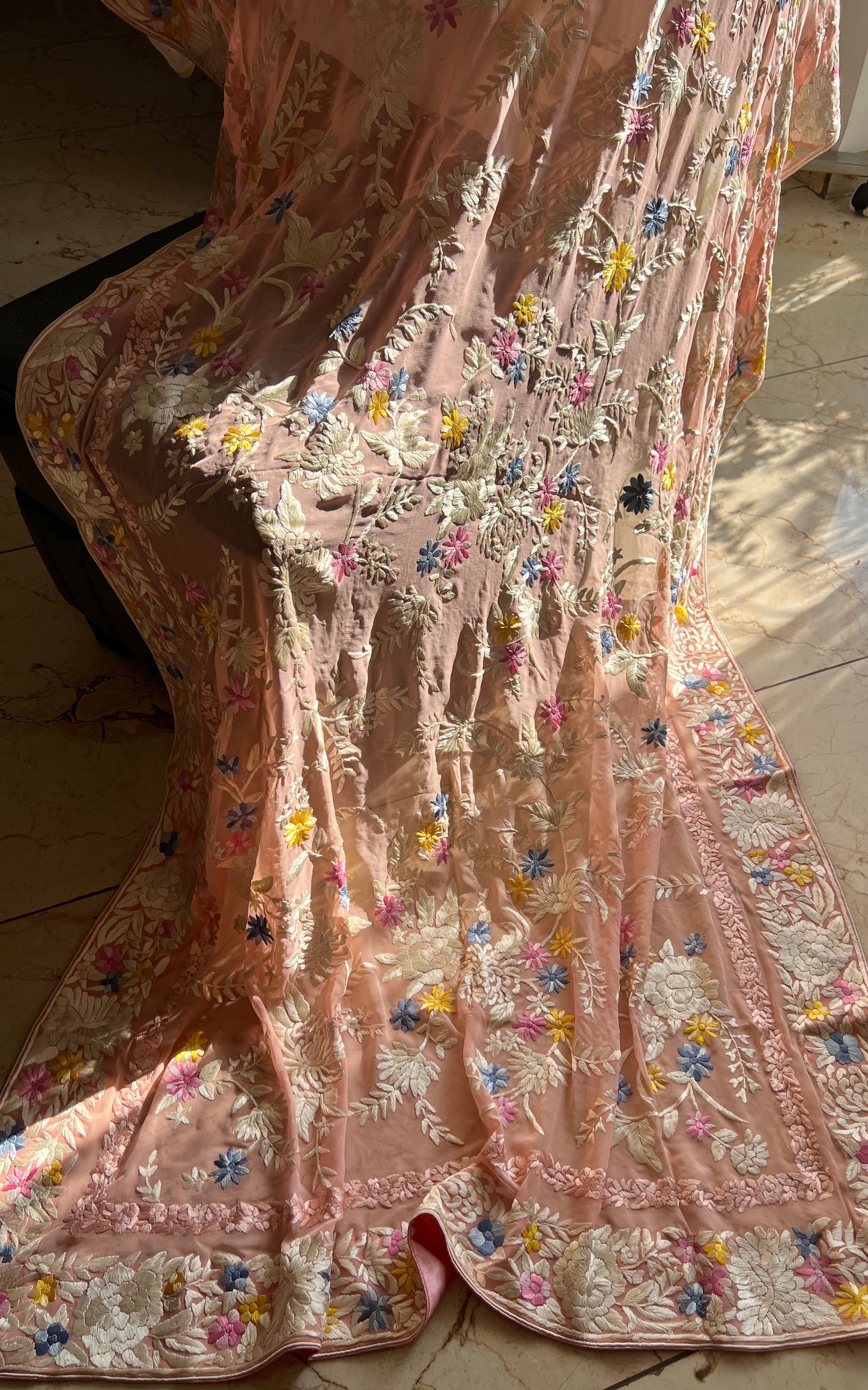Blush Peach masterpiece Parsi Gara Dupatta Hand Embroidered