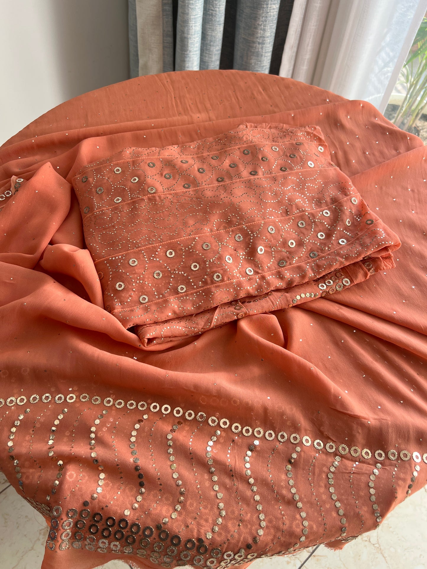 Old Rose Peach designer Mukaish Georgette Anarkali with Dupatta