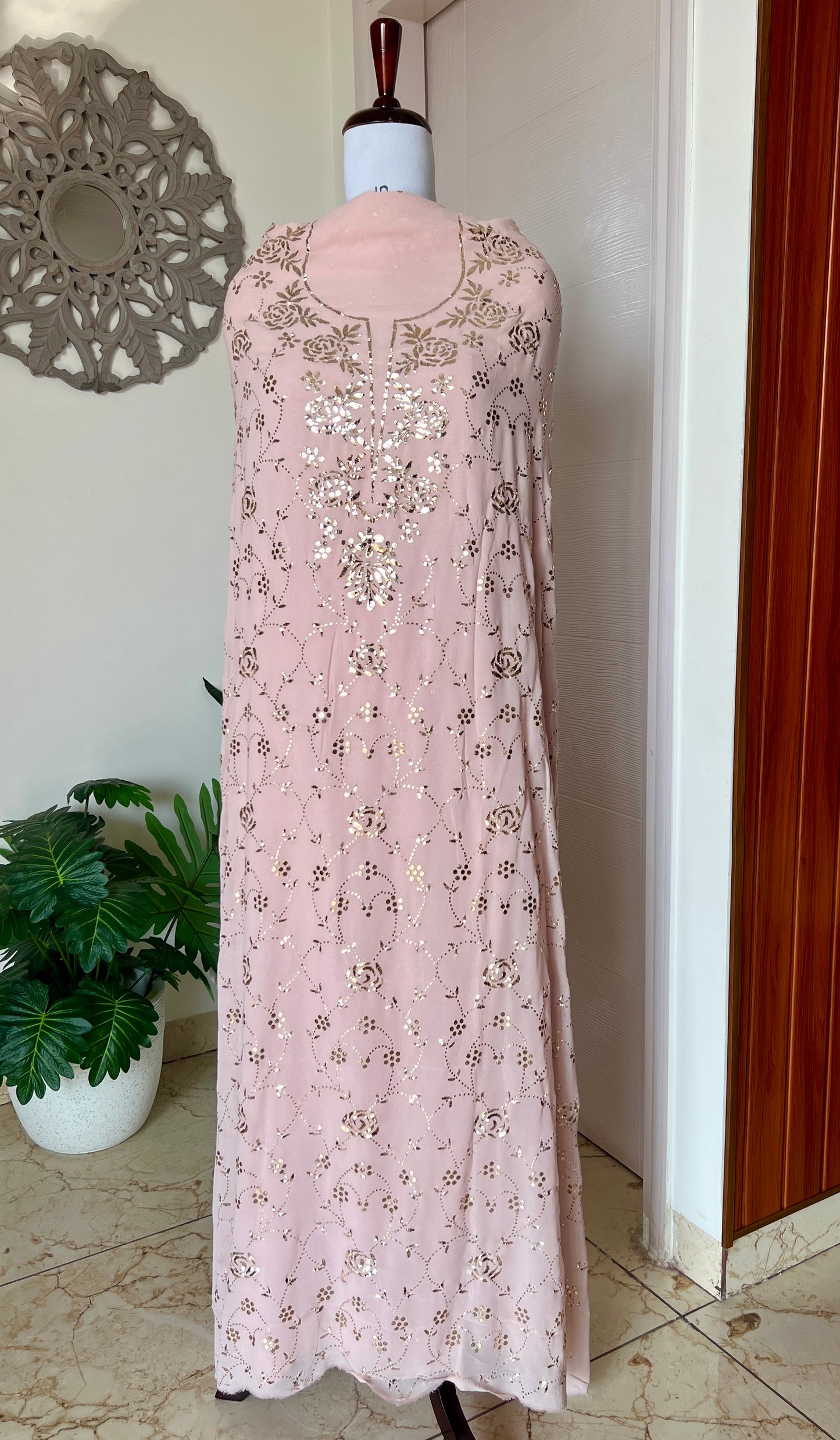 Powder Pink badla and mukaish work Kurta and Dupatta