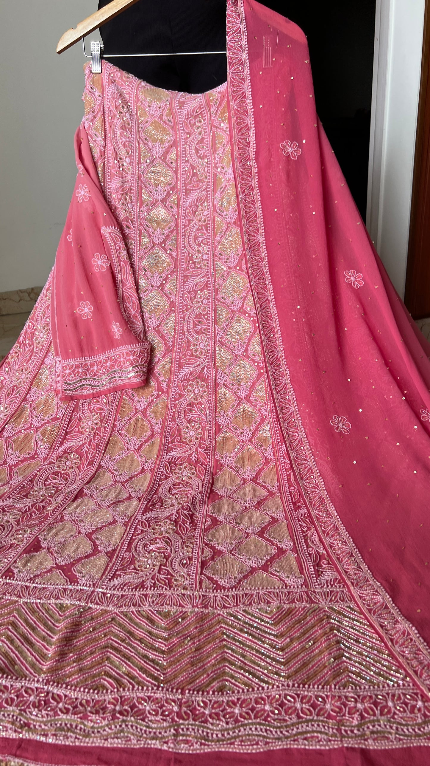 Ruhani Rouge Pink Chikankari Sequins and Cut Dana Anarkali