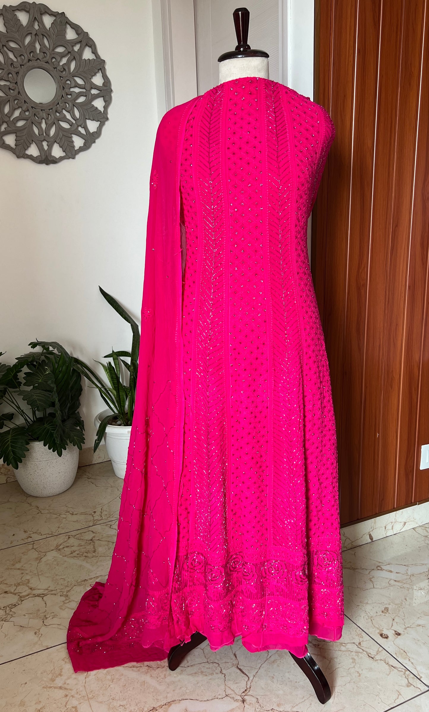 Hot pink Chikankari Sequins and Cut Dana Anarkali