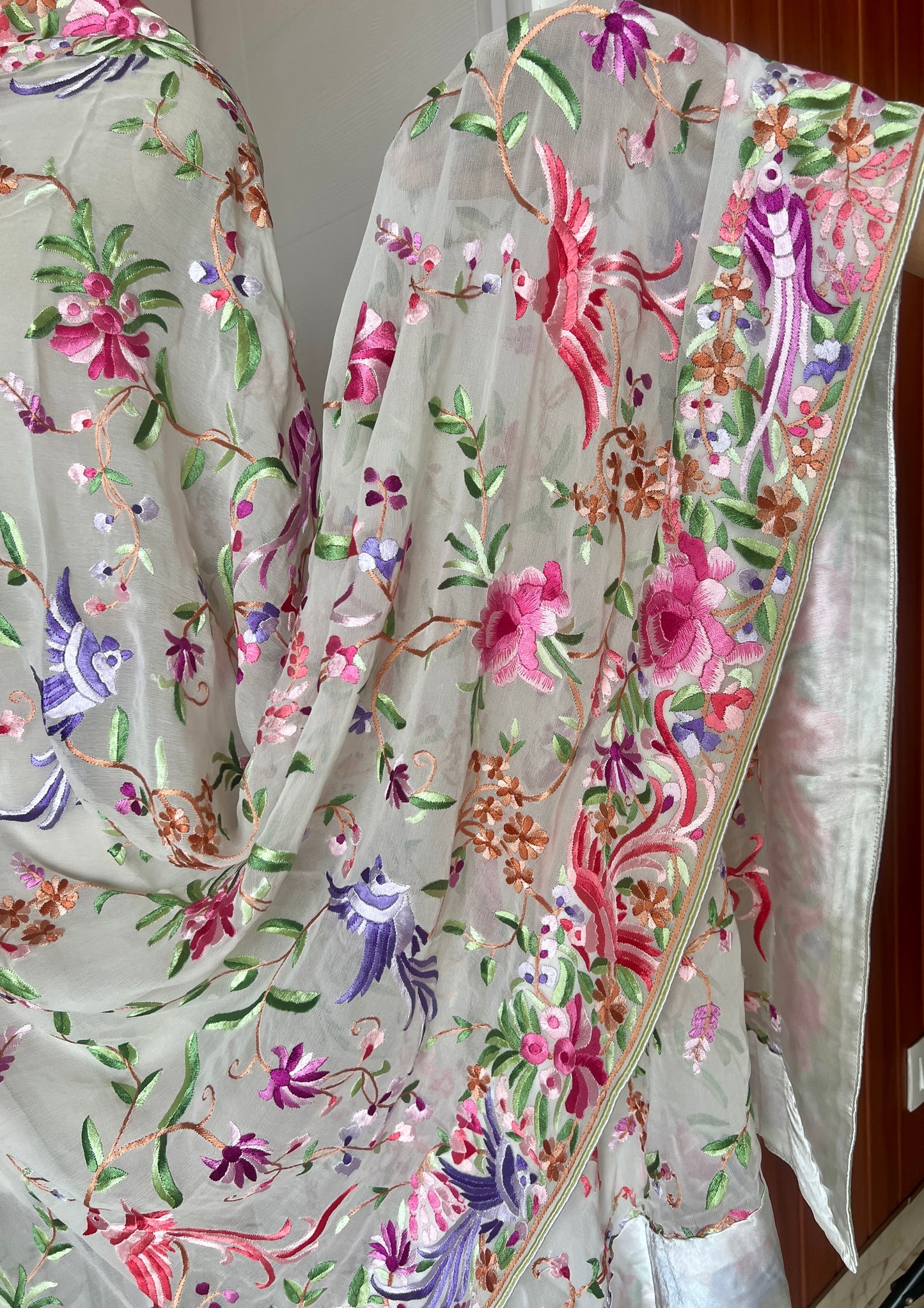 Ivory Masterpiece Parsi Gara Hand Embroidered Dupatta