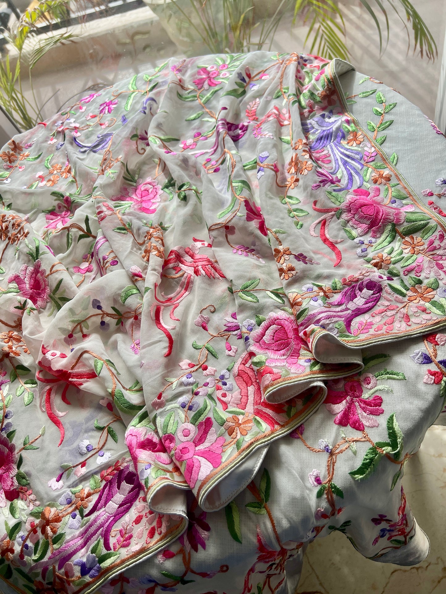 Ivory Masterpiece Parsi Gara Hand Embroidered Dupatta