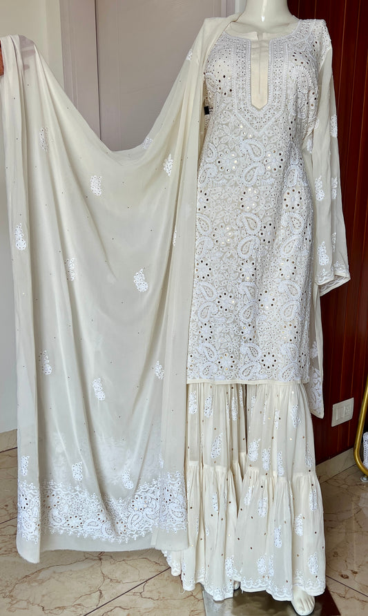 Ivory pure georgette Chikankari and Mukaish sharara set