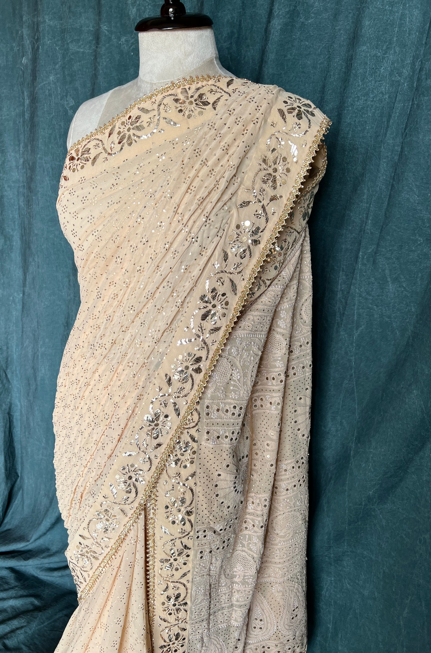 Ruhani Golden Beige Badla Mukaish and chikankari Pure Georgette Saree