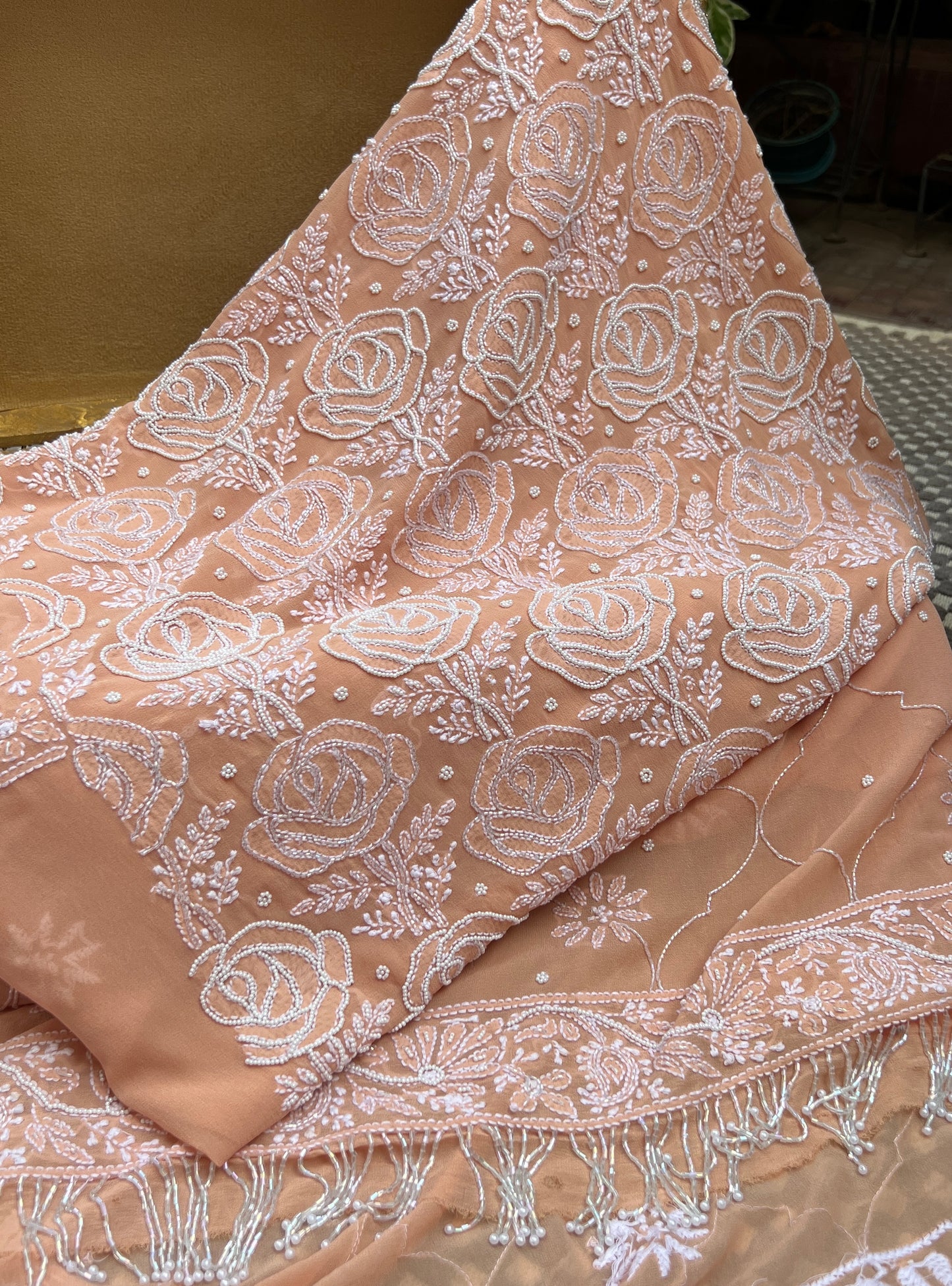 Light Orange Chikankari cut dana pearl sequins work kurta and dupatta