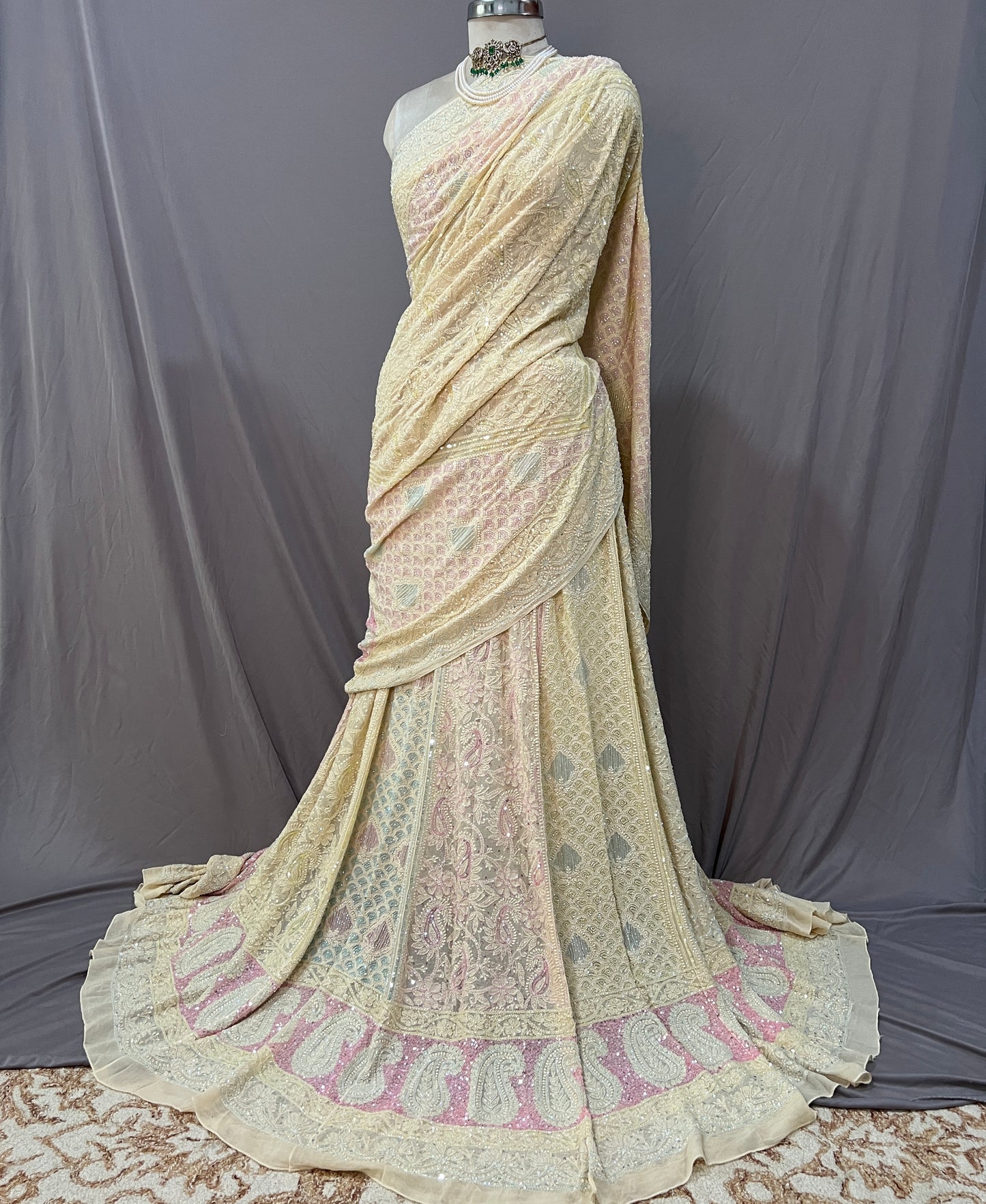 Butter yellow Ruhani Chikankari Lehenga with Multicolored Cut Dana sequins