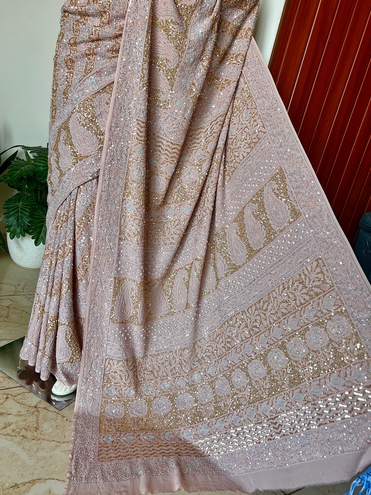 Ruhani Old Rose Chikankari Sequins Cut Dana Embroidered Masterpiece Saree