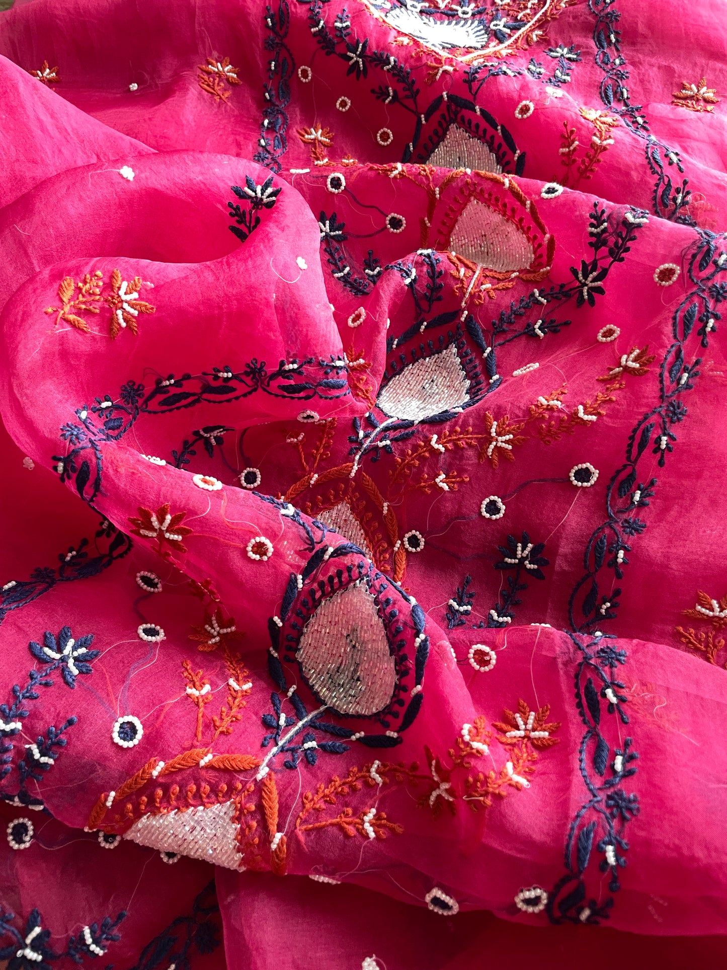 Hot Pink Chikankari pearl sequins pure Organza kurta with dupatta