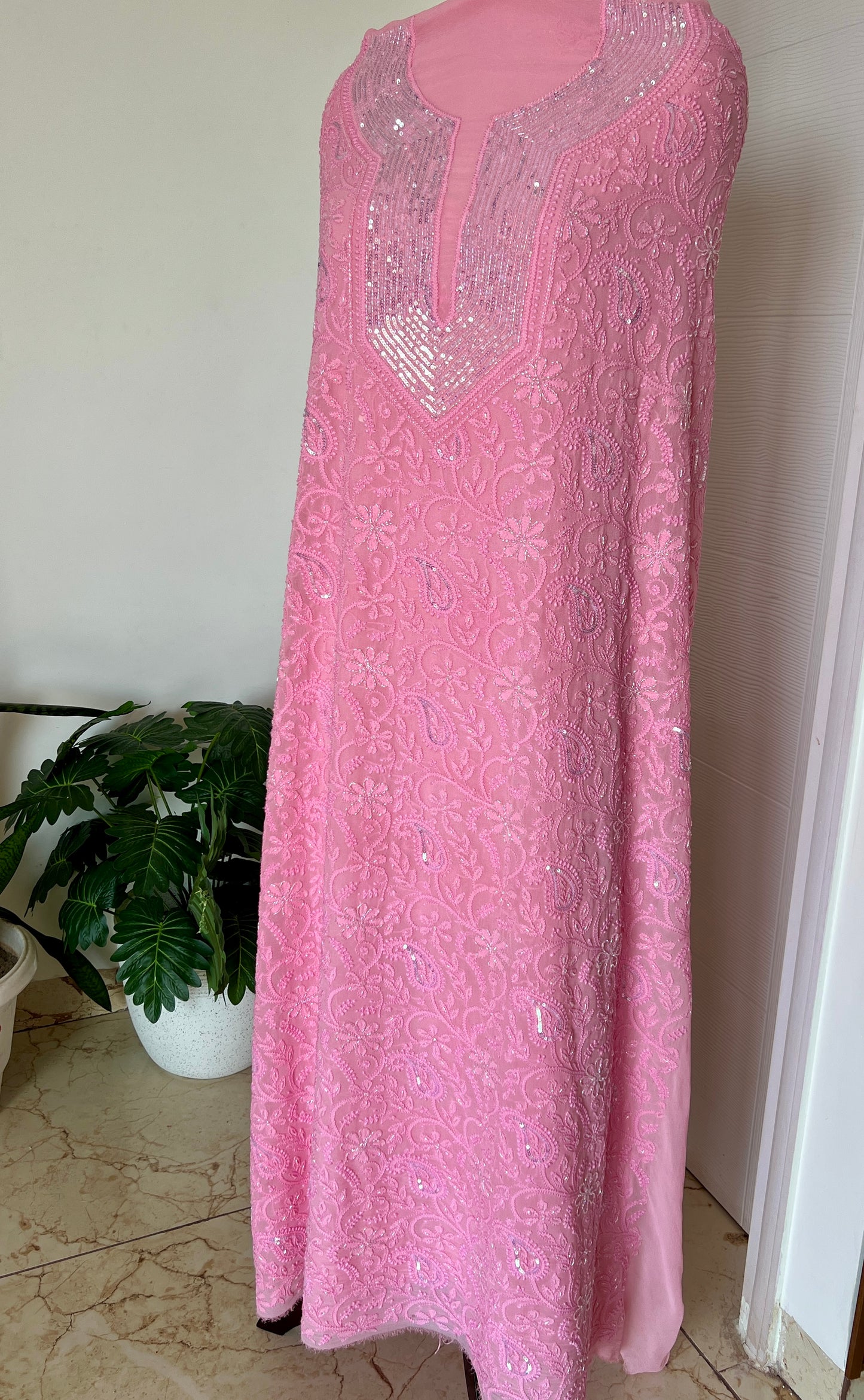 Pink Chikankari cut dana sequins work kurta and dupatta