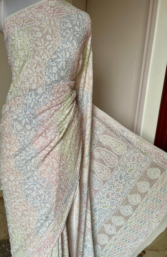 Ruhani Ivory Chikankari Multi Cut Dana and Sequins Saree