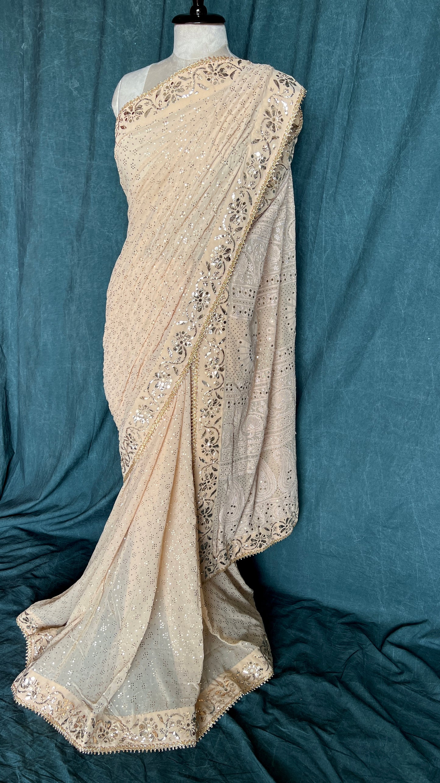 Ruhani Golden Beige Badla Mukaish and chikankari Pure Georgette Saree