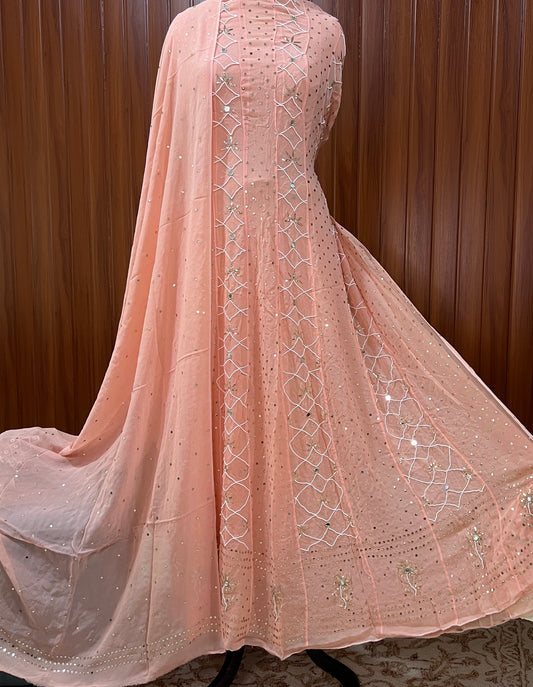 Peach Allover Mukaish and Pearl work Anarkali with Dupatta