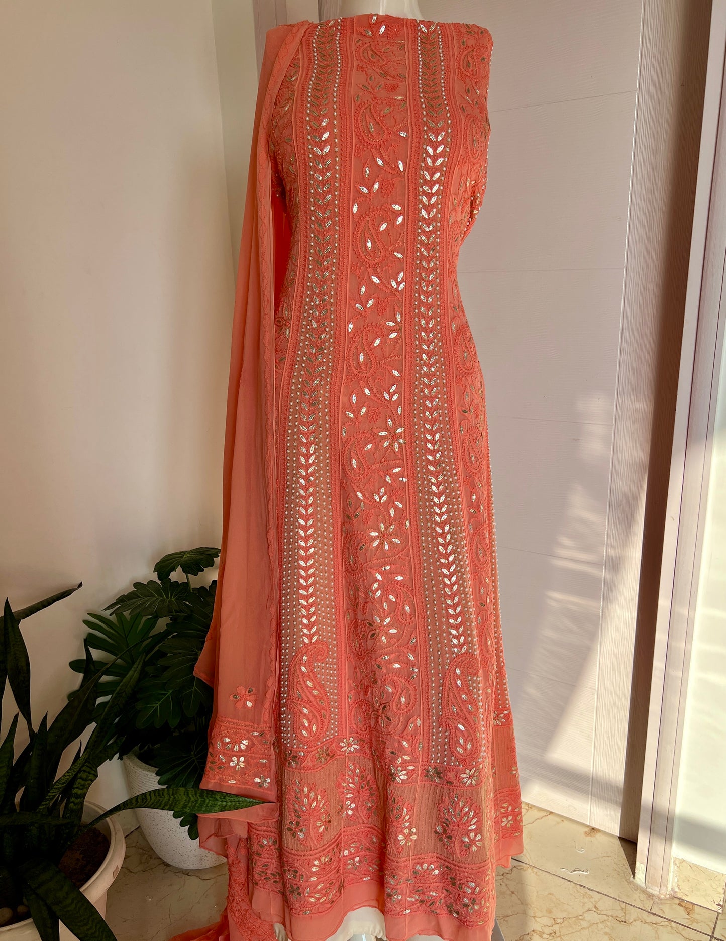 Peach Chikankari pearl and Gota Patti Anarkali