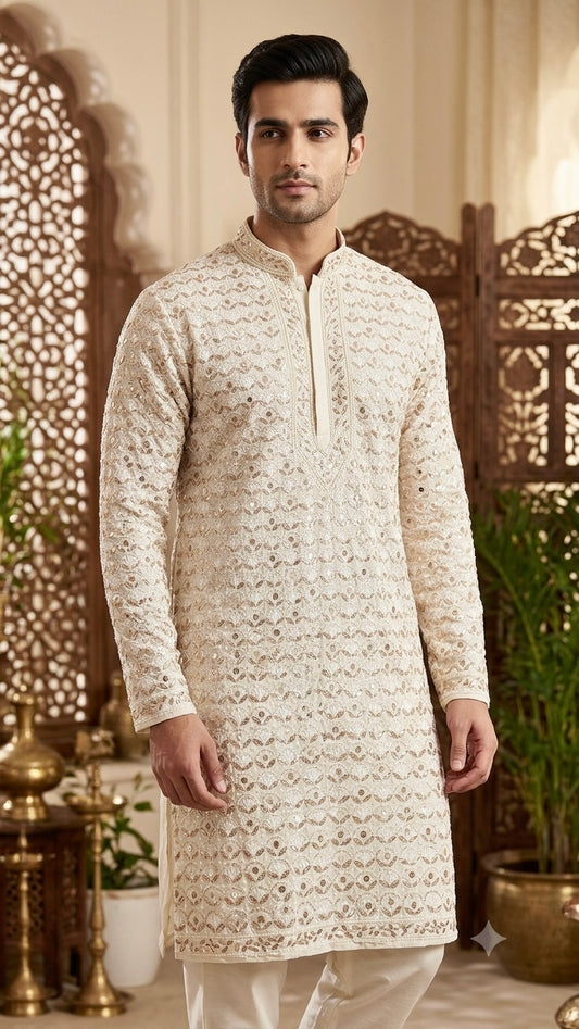 Ruhani Pure Georgette Allover Chikankari and Heavy Gota Patti Men's Wedding Kurta