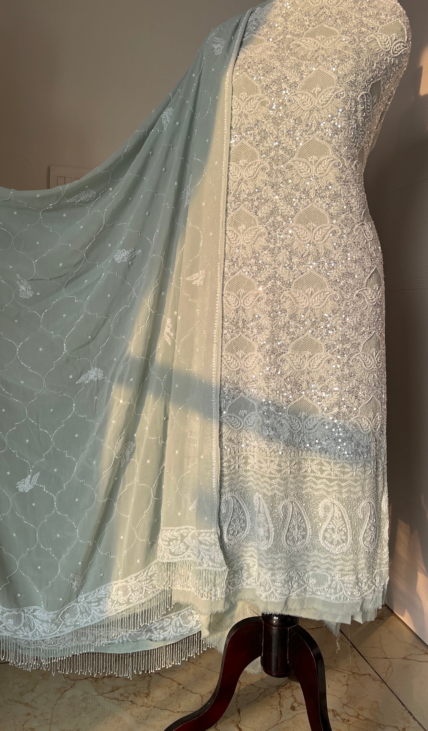 Suhaan Chikankari pearl sequins cut Dana work kurta and dupatta