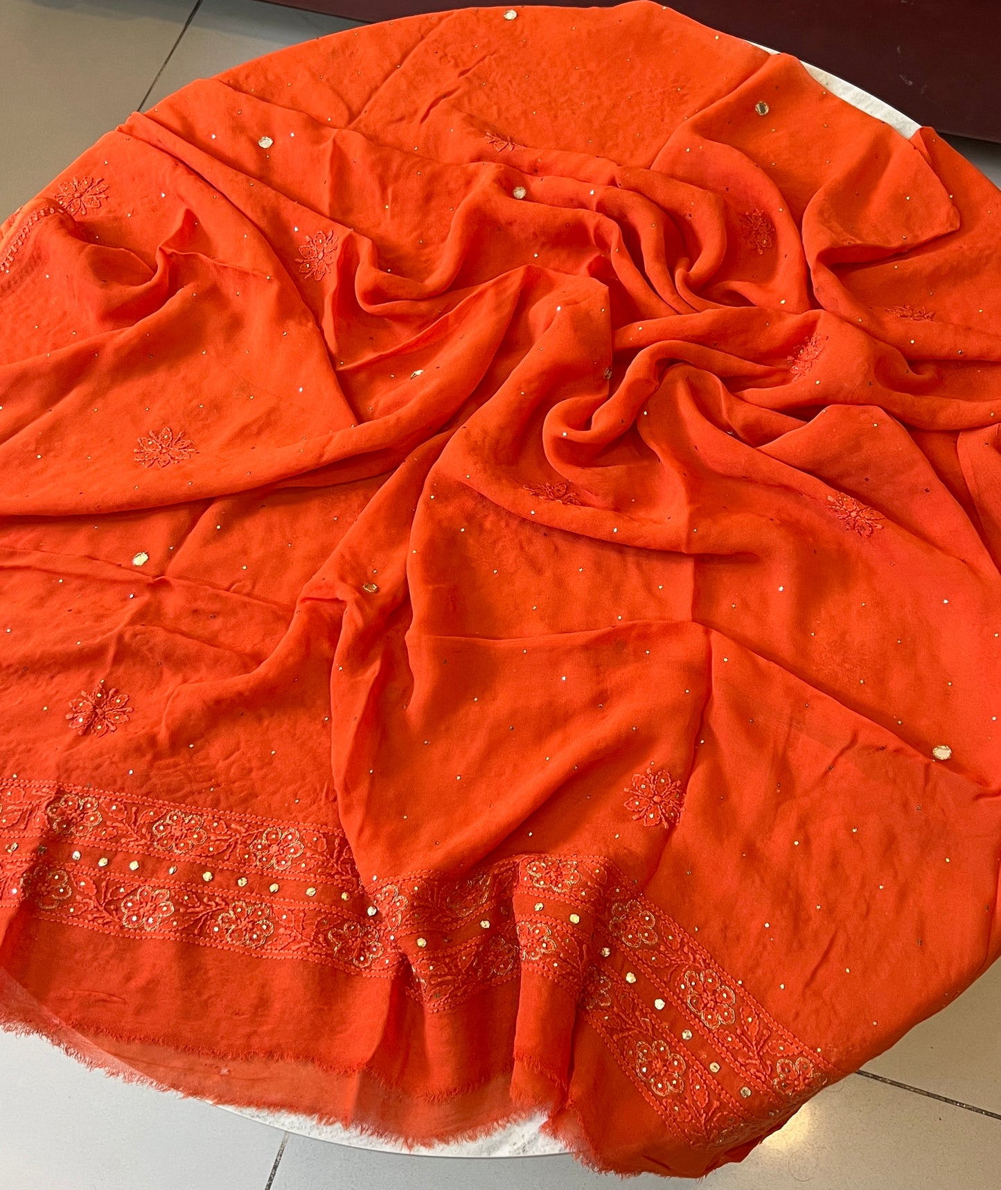 Orange Chikankari Mukaish Mirror and Gota Patti Anarkali with Dupatta
