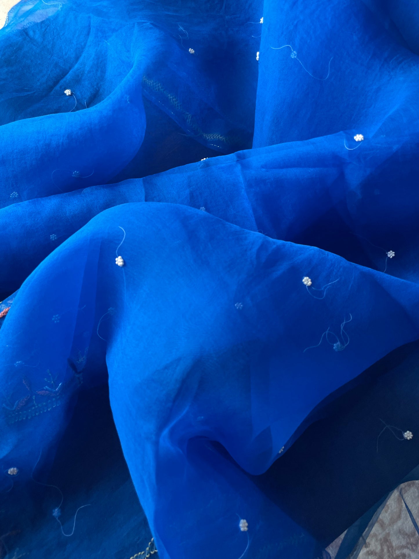 Royal Blue Chikankari pearl sequins pure Organza kurta with dupatta