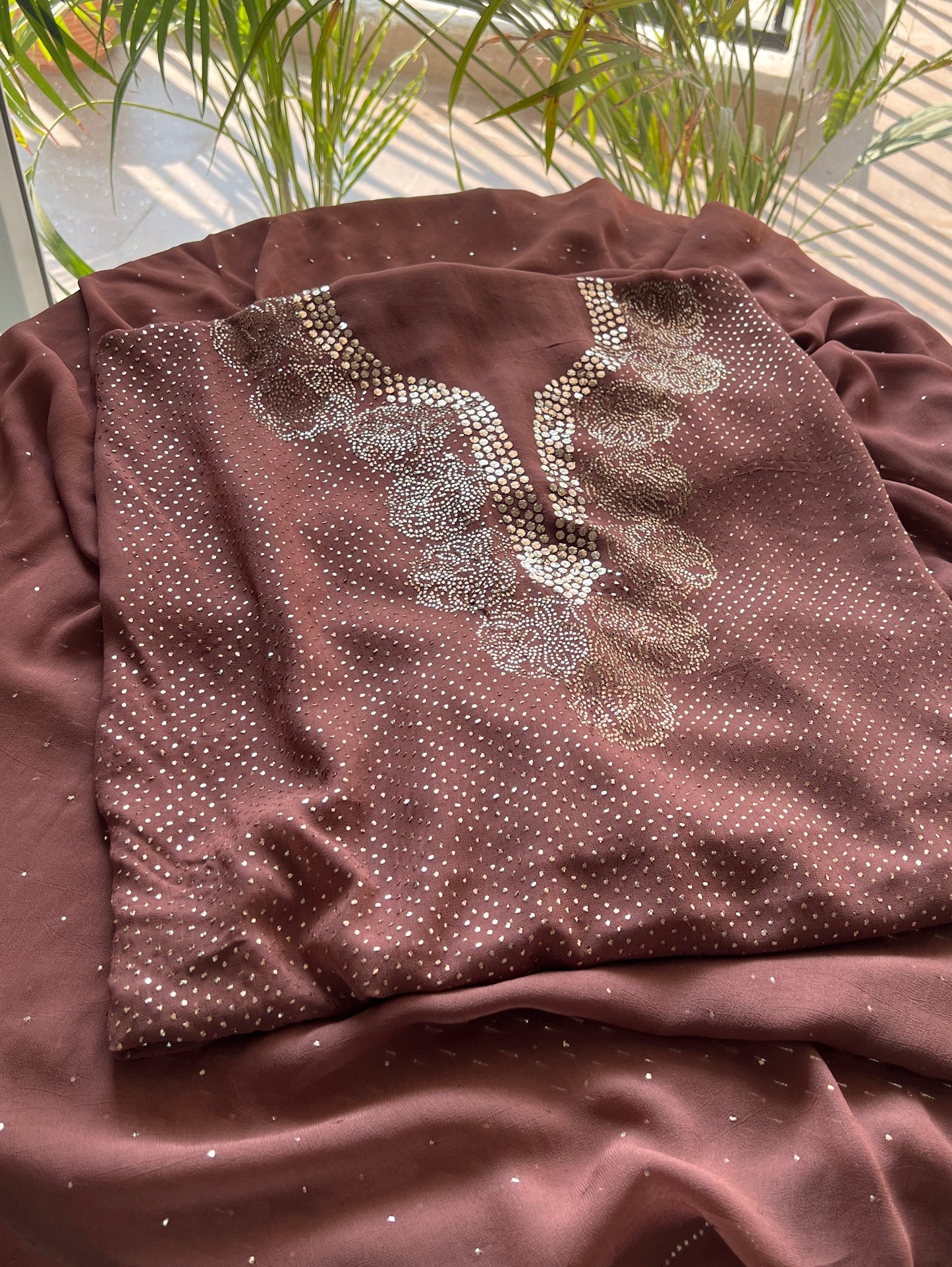Brown bareek mukaish work Kurta and Dupatta