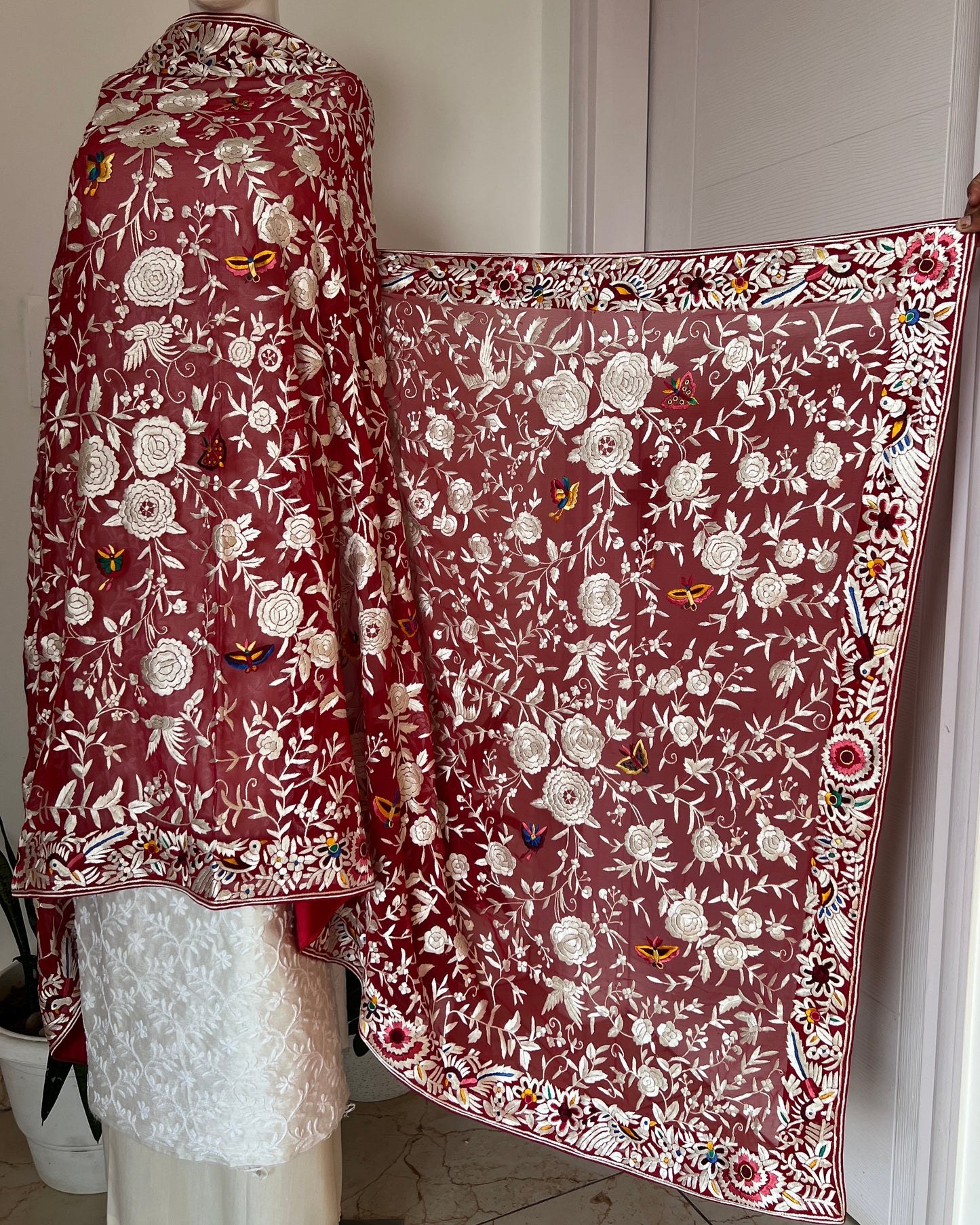 Red masterpiece Parsi Gara Dupatta Hand Embroidered