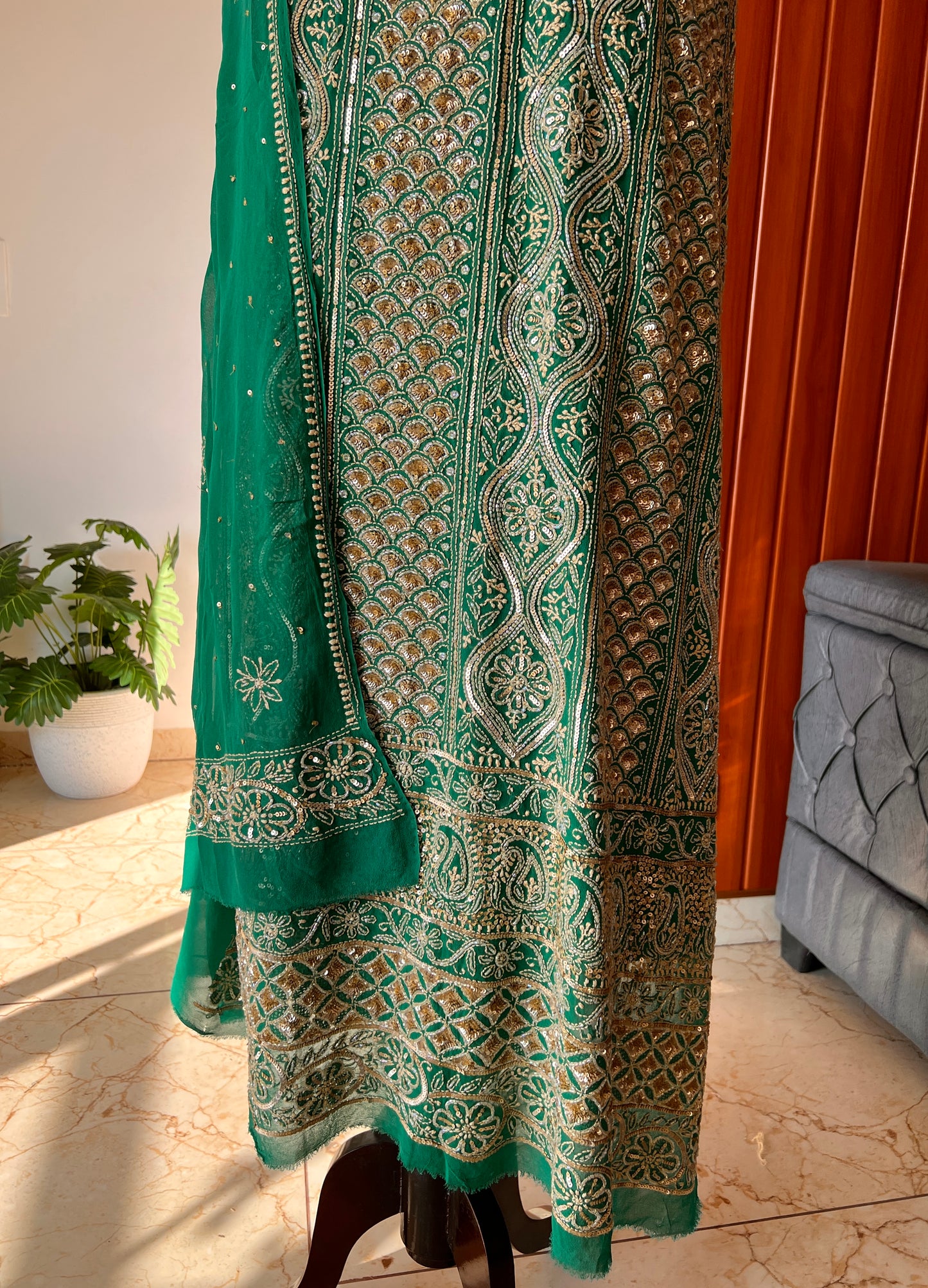Ruhani Emerald Green Chikankari golden cut dana sequins kurta and dupatta