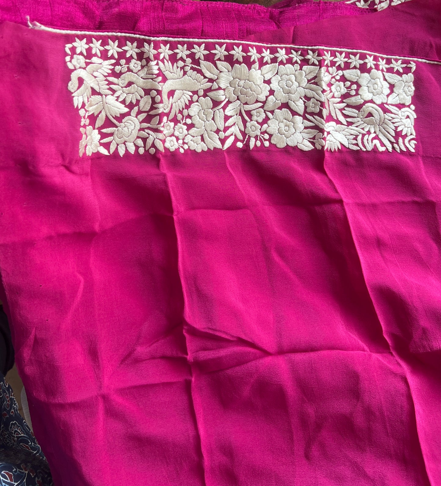 Fuchsia Pink Pure Crepe Parsi Gara Hand Embroidered Saree