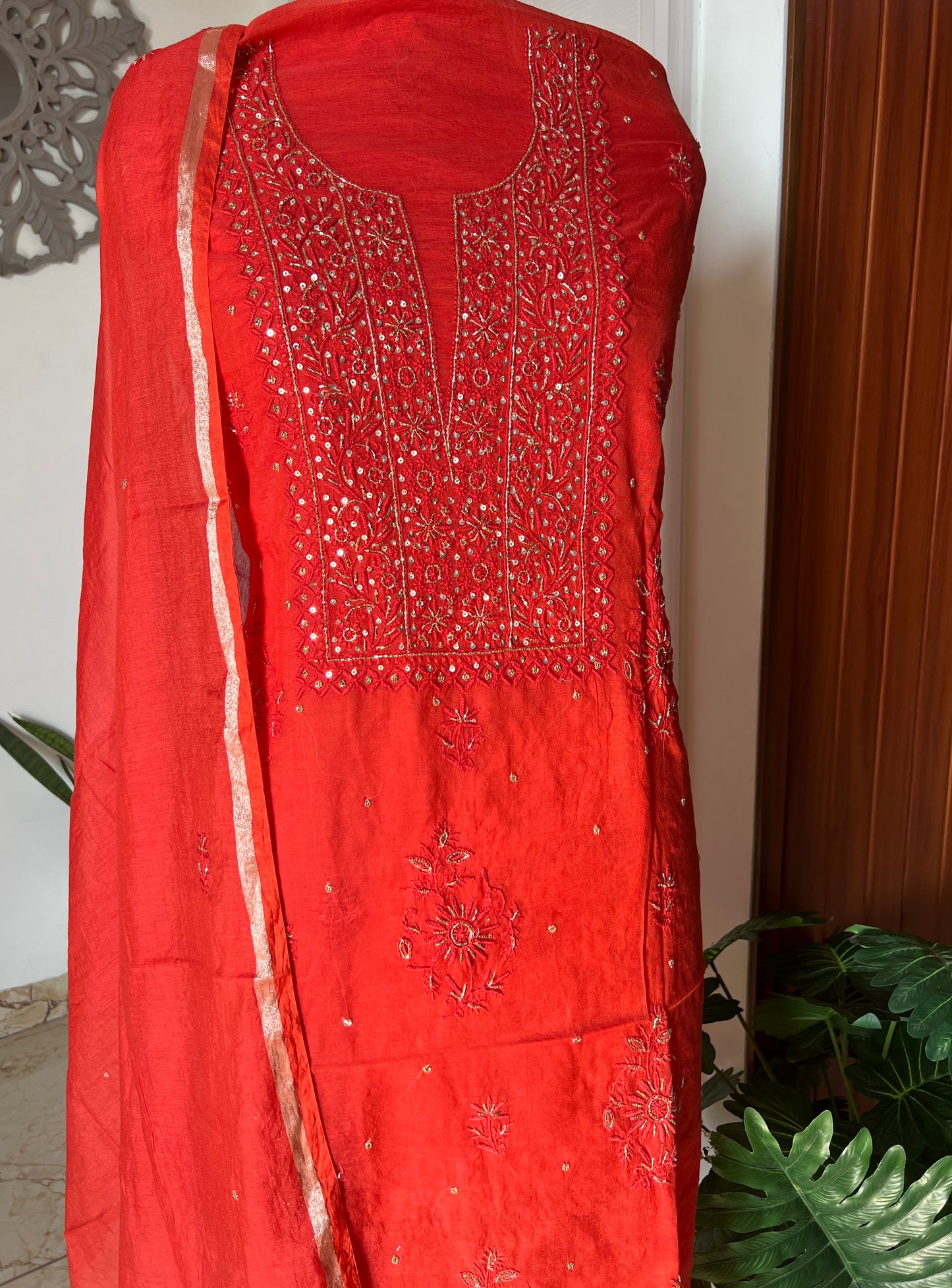 Mul Chanderi Chikankari Kurta and Dupatta Set