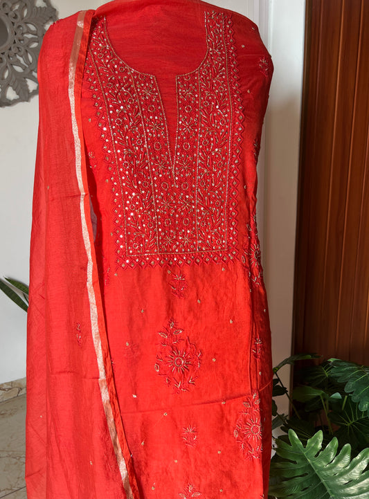 Mul Chanderi Chikankari Kurta and Dupatta Set