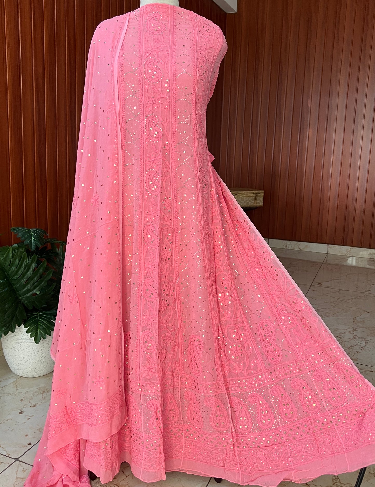 Pink allover Chikankari and mukaish anarkali with dupatta