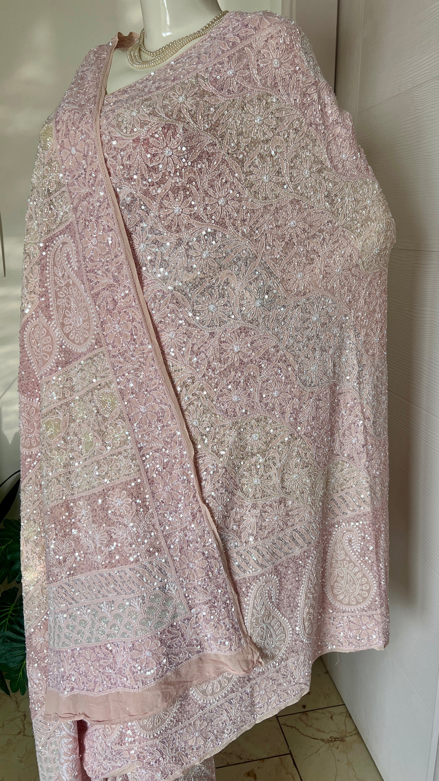 Ruhani Blush Pink Chikankari Multi Cut Dana and Sequins Saree