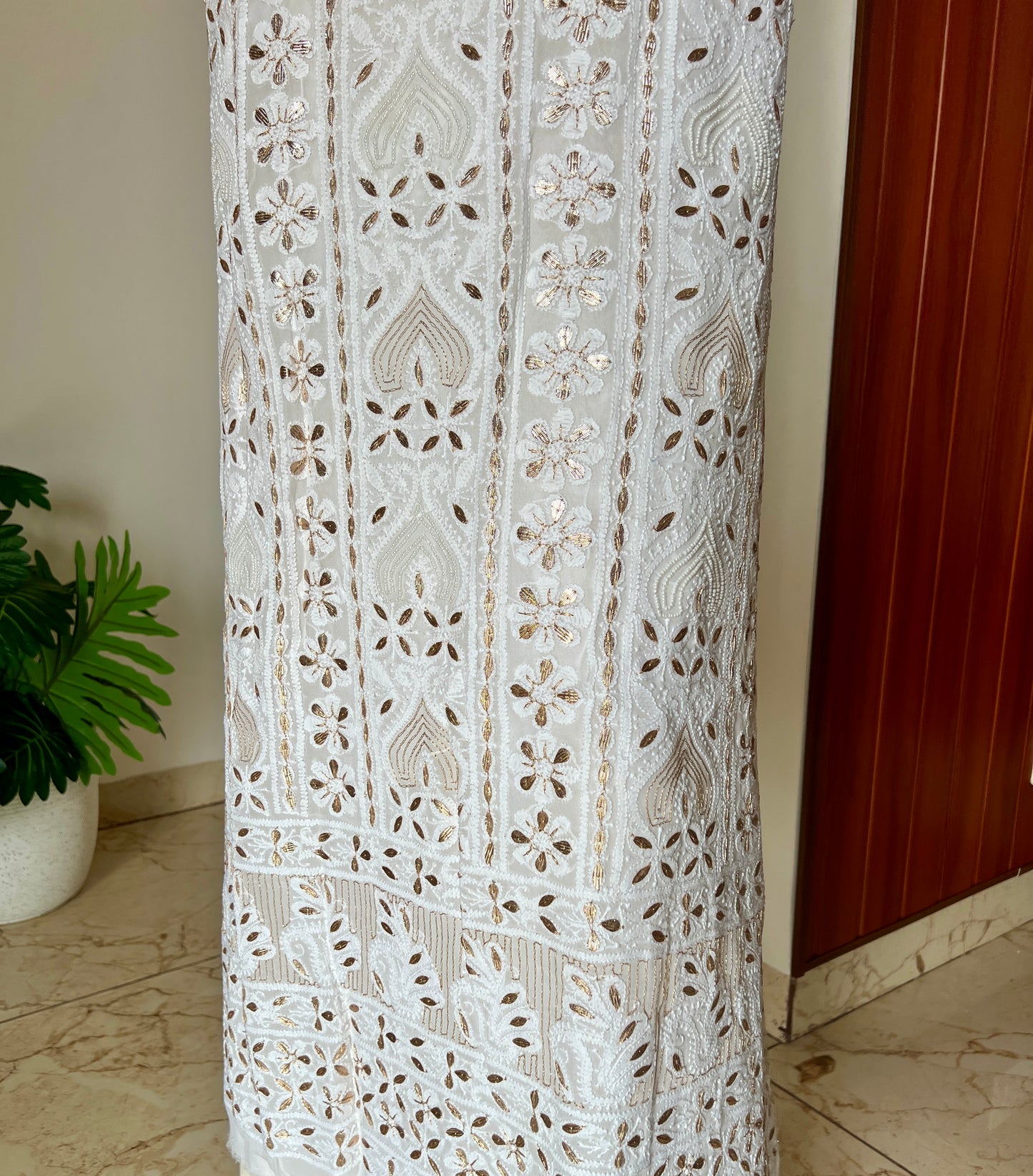 White Chikankari gota patti and pearl work kurta and Dupatta