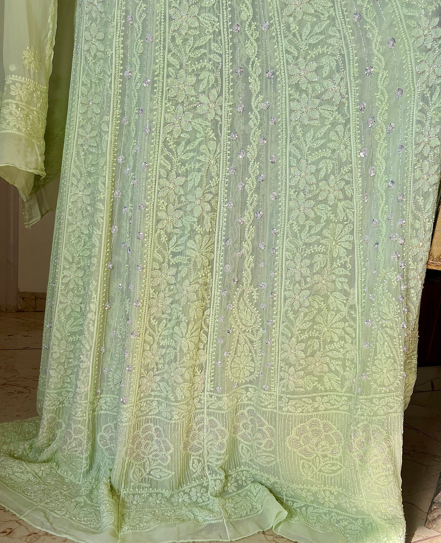 Pistachio Green Chikankari Sequins and Cut Dana Anarkali