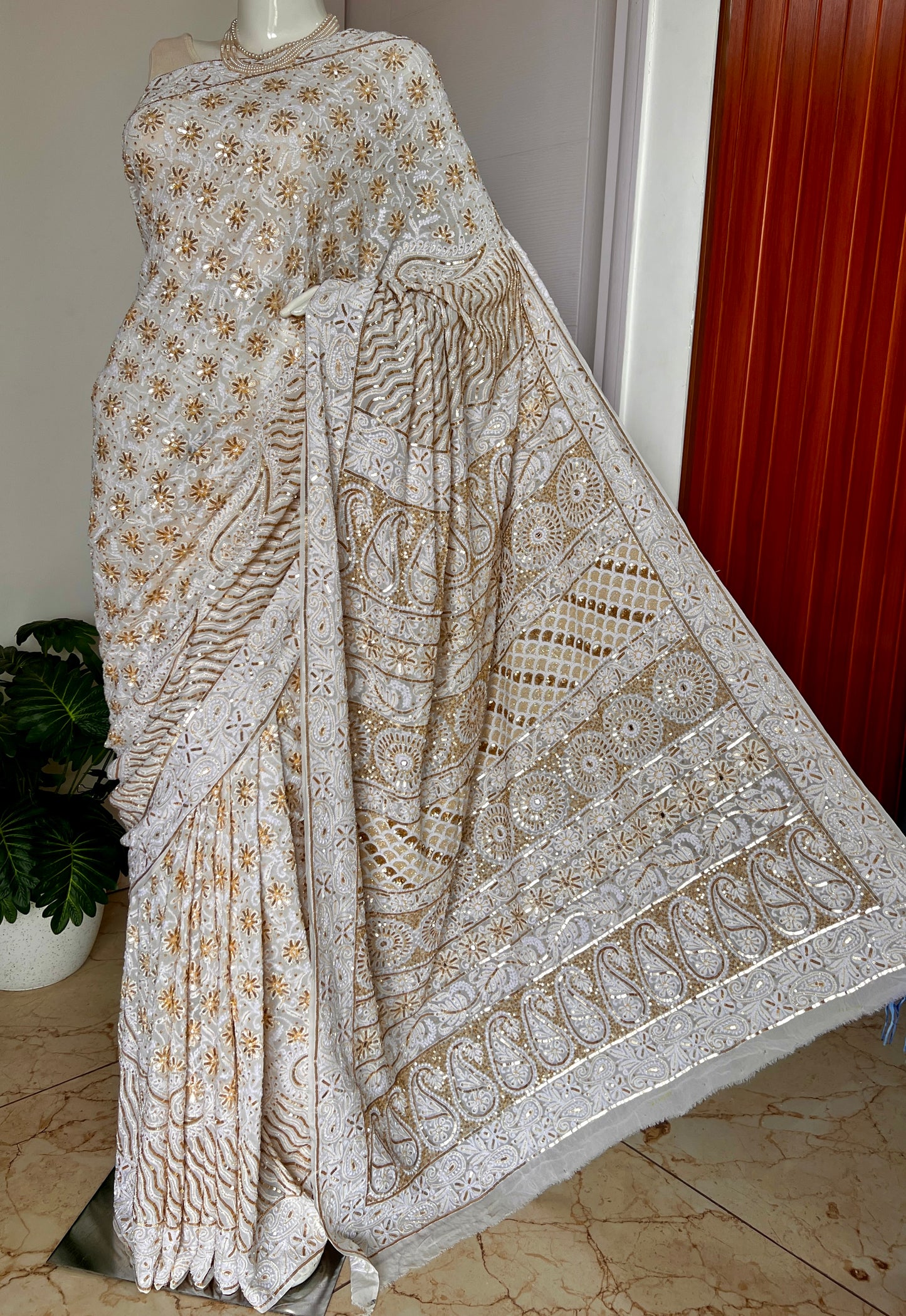 Ruhani Off White Chikankari Sequins Cut Dana Embroidered Masterpiece Saree