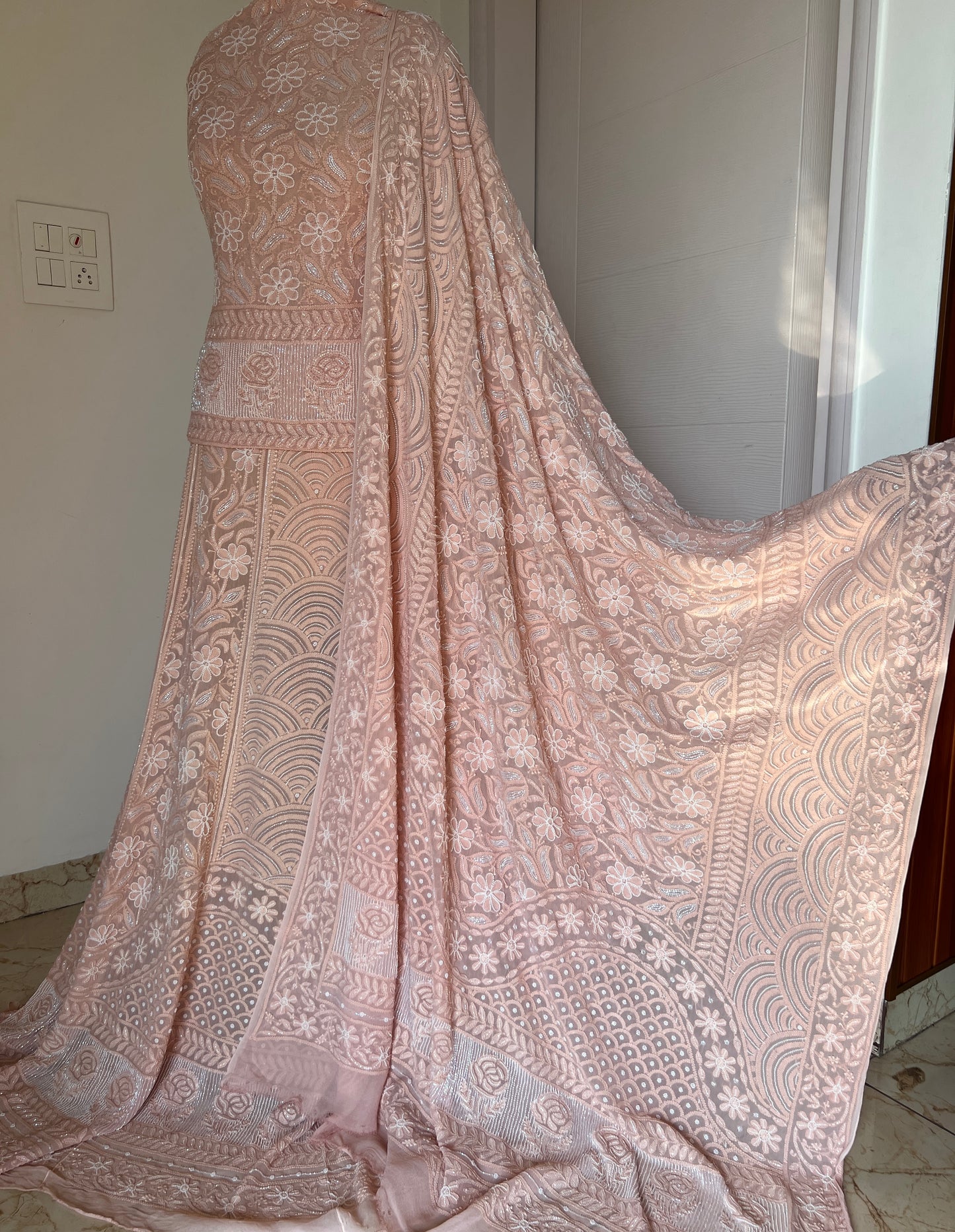 Dusty peach Chikankari Cut Dana and Pearl Lehenga