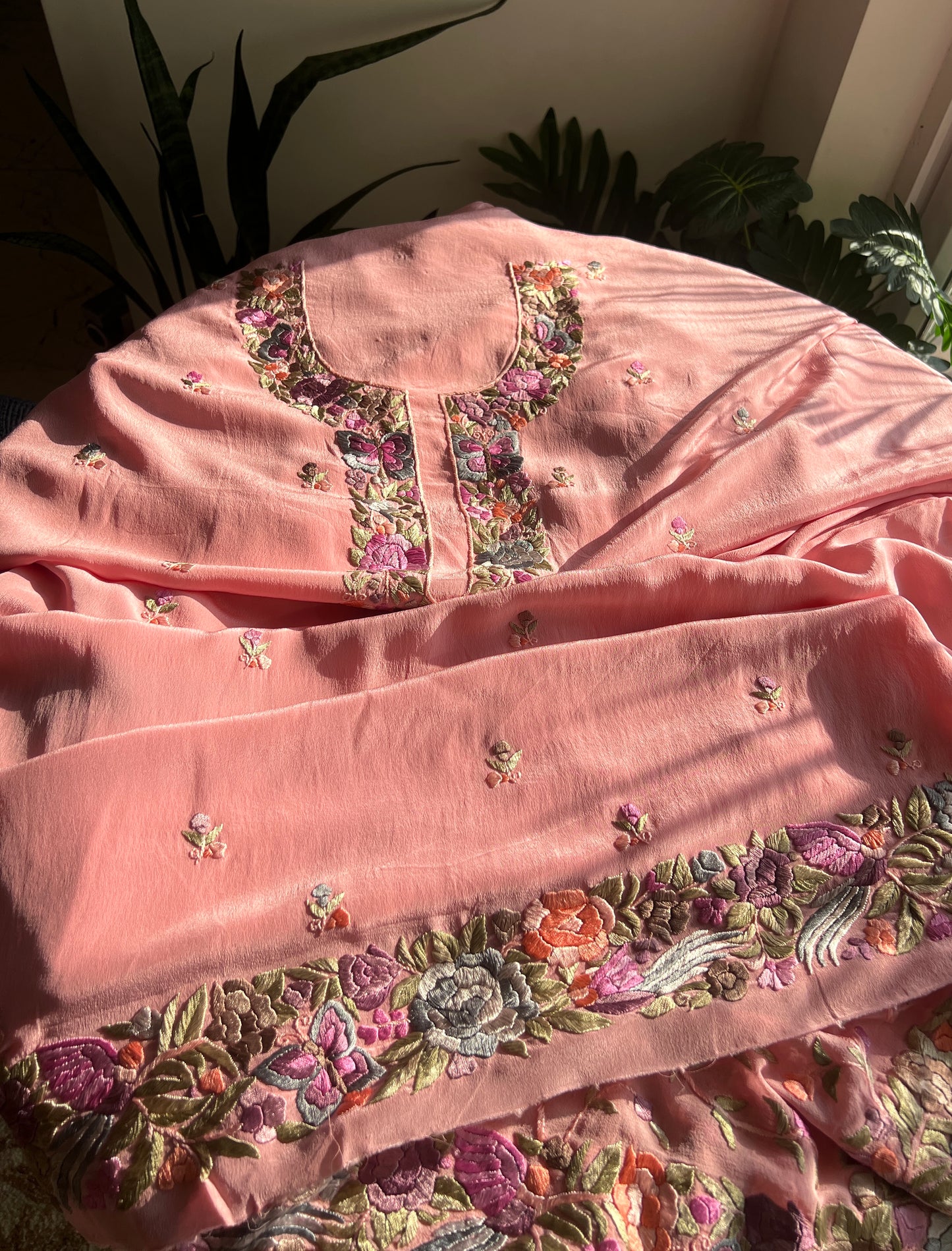 Coral Pink Hand Embroidered Parsi Gara full suit