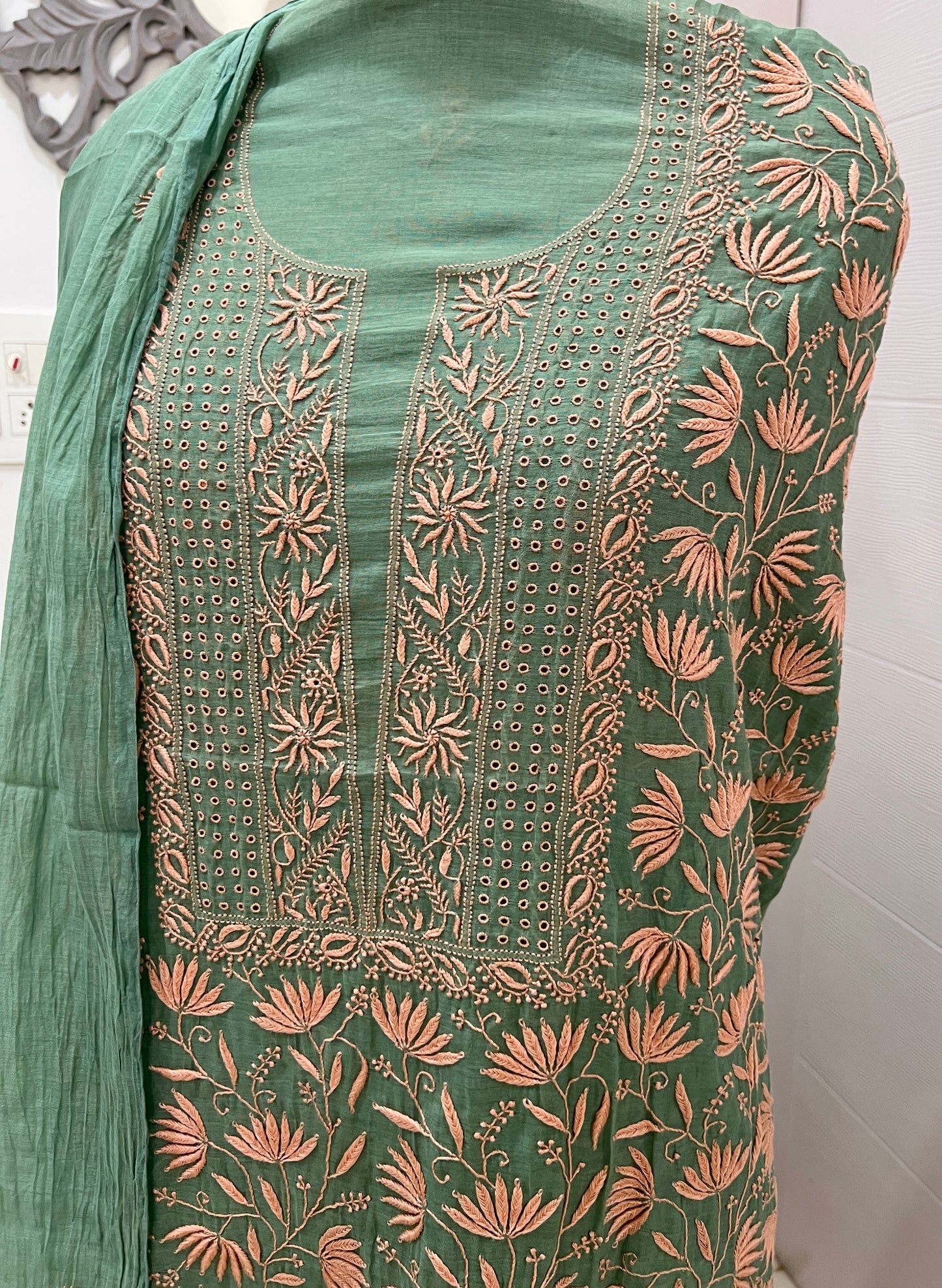 Emerald green Mul chanderi Chikankari embroidered kurta and dupatta