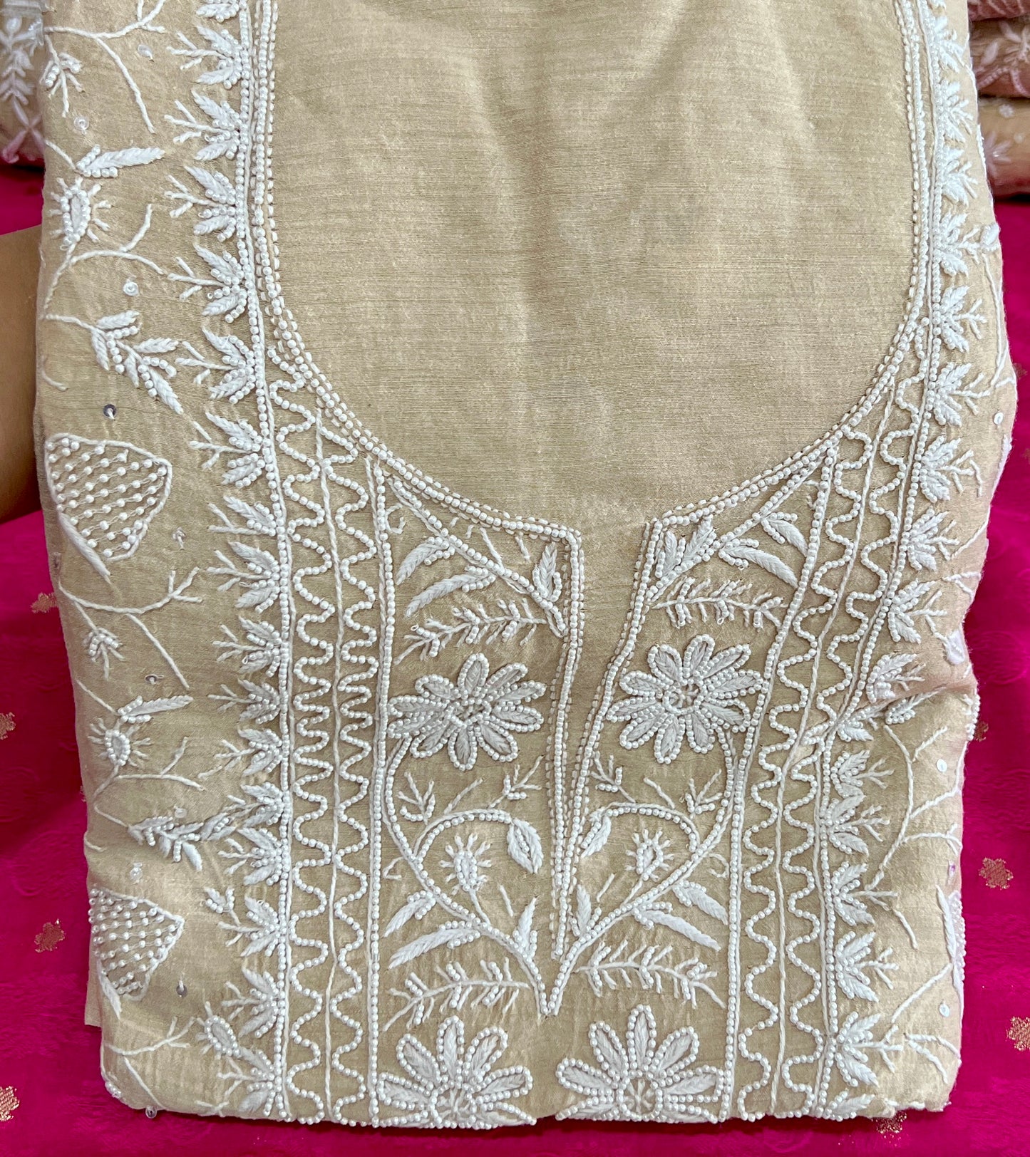 Munga silk Chikankari and pearl embroidered kurta and dupatta