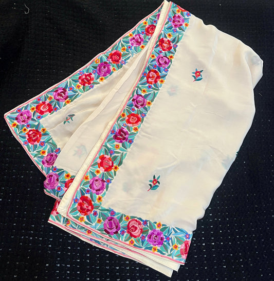 Cream Pure Crepe Dupatta With multicolored Parsi Gara Hand Embroidery