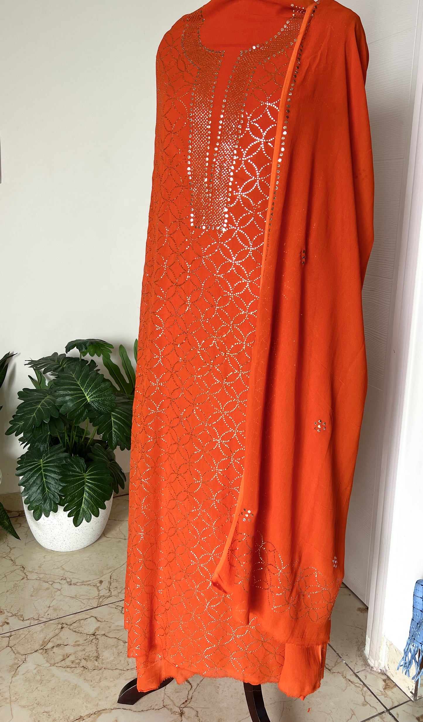 Orange heavy Mukaish Work Kurta and Dupatta Set