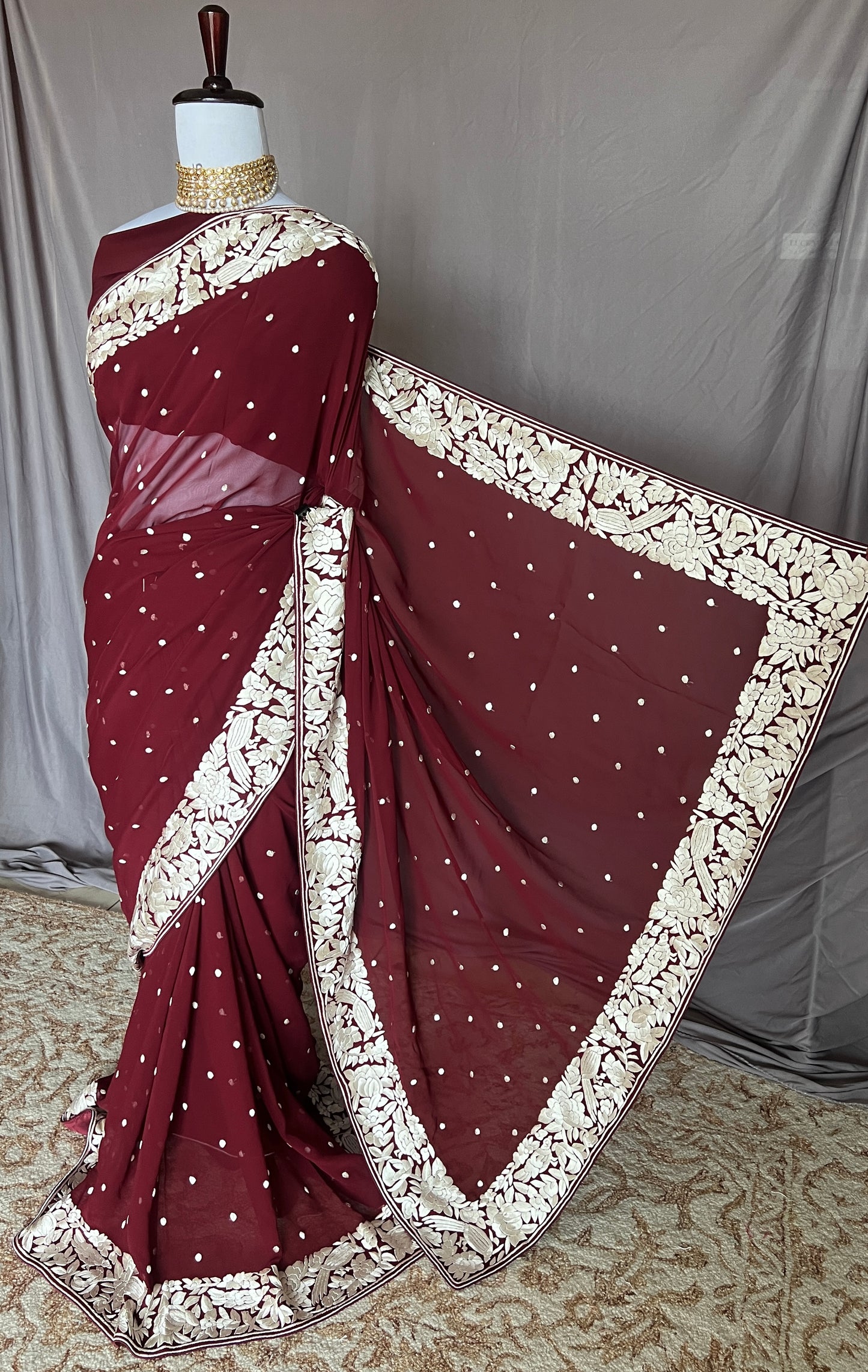 Maroon Pure Georgette Parsi Gara Hand Embroidered Saree