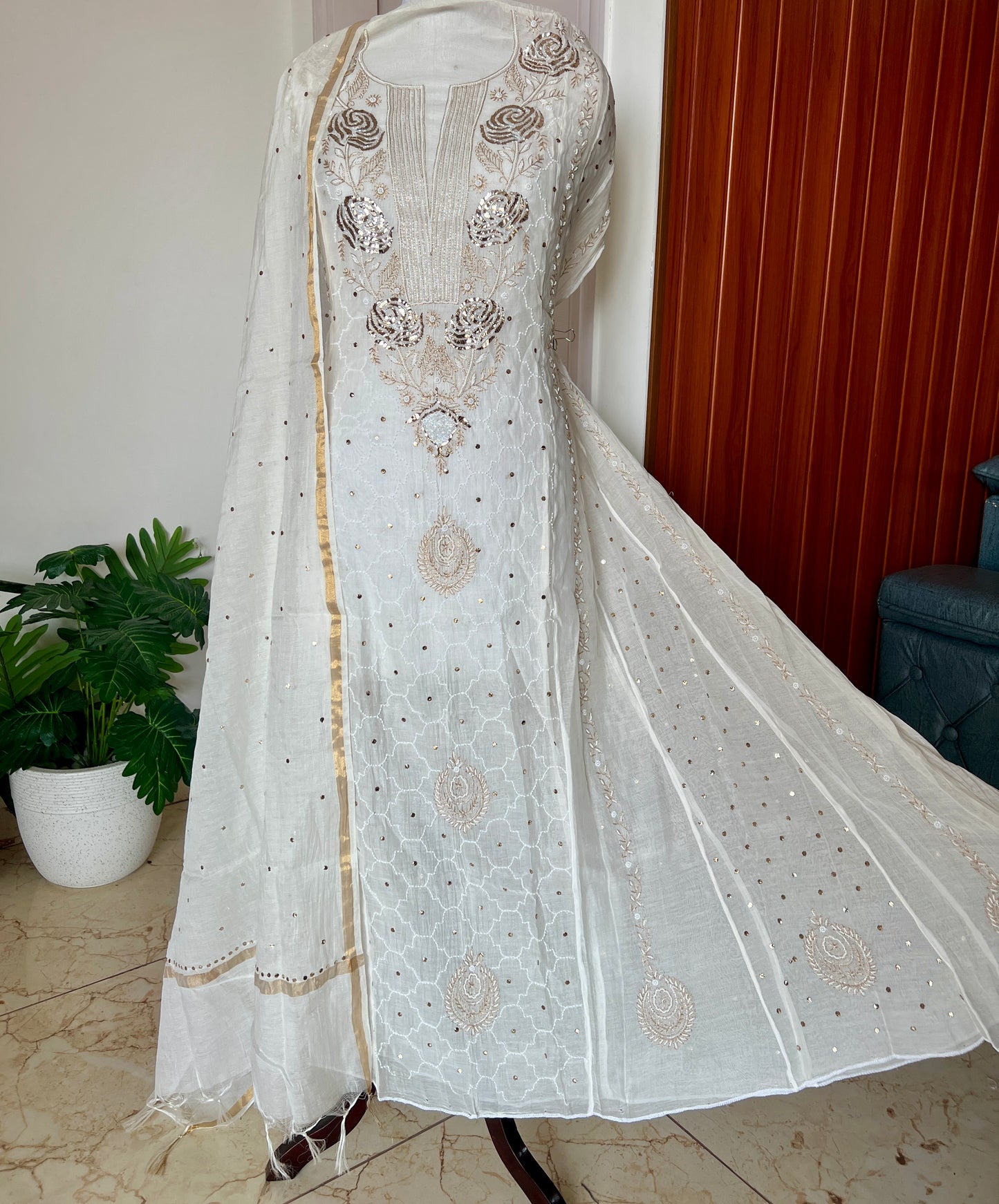 Mul Chanderi Anarkali with Mukaish and pearl work