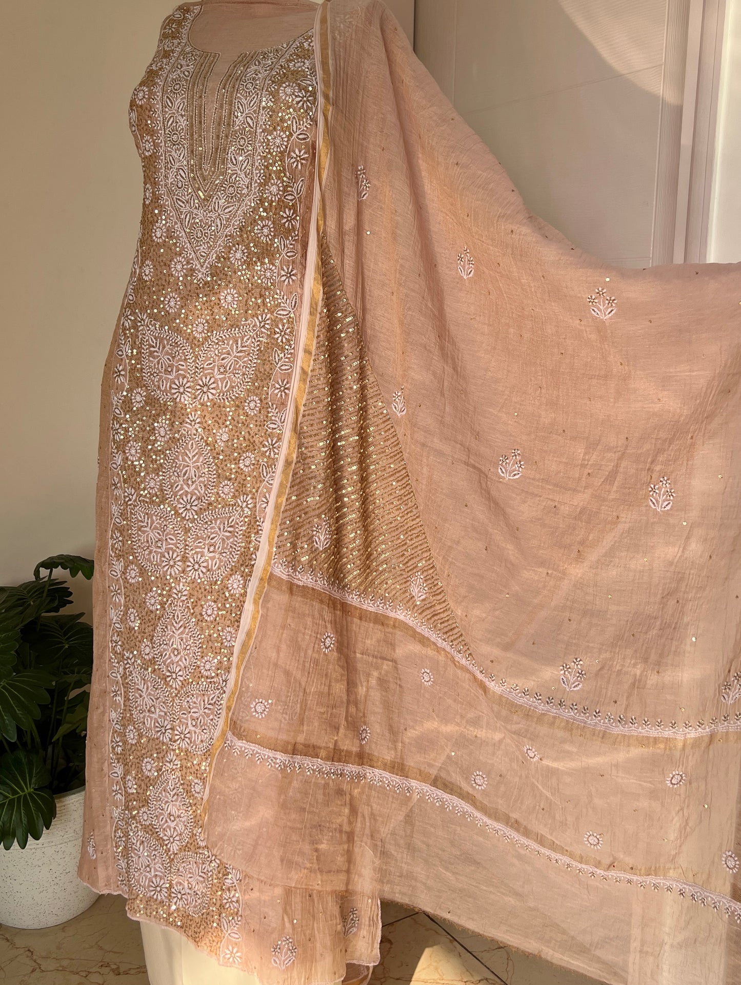 Tissue Silk Chikankari golden cut dana sequins kurta and dupatta