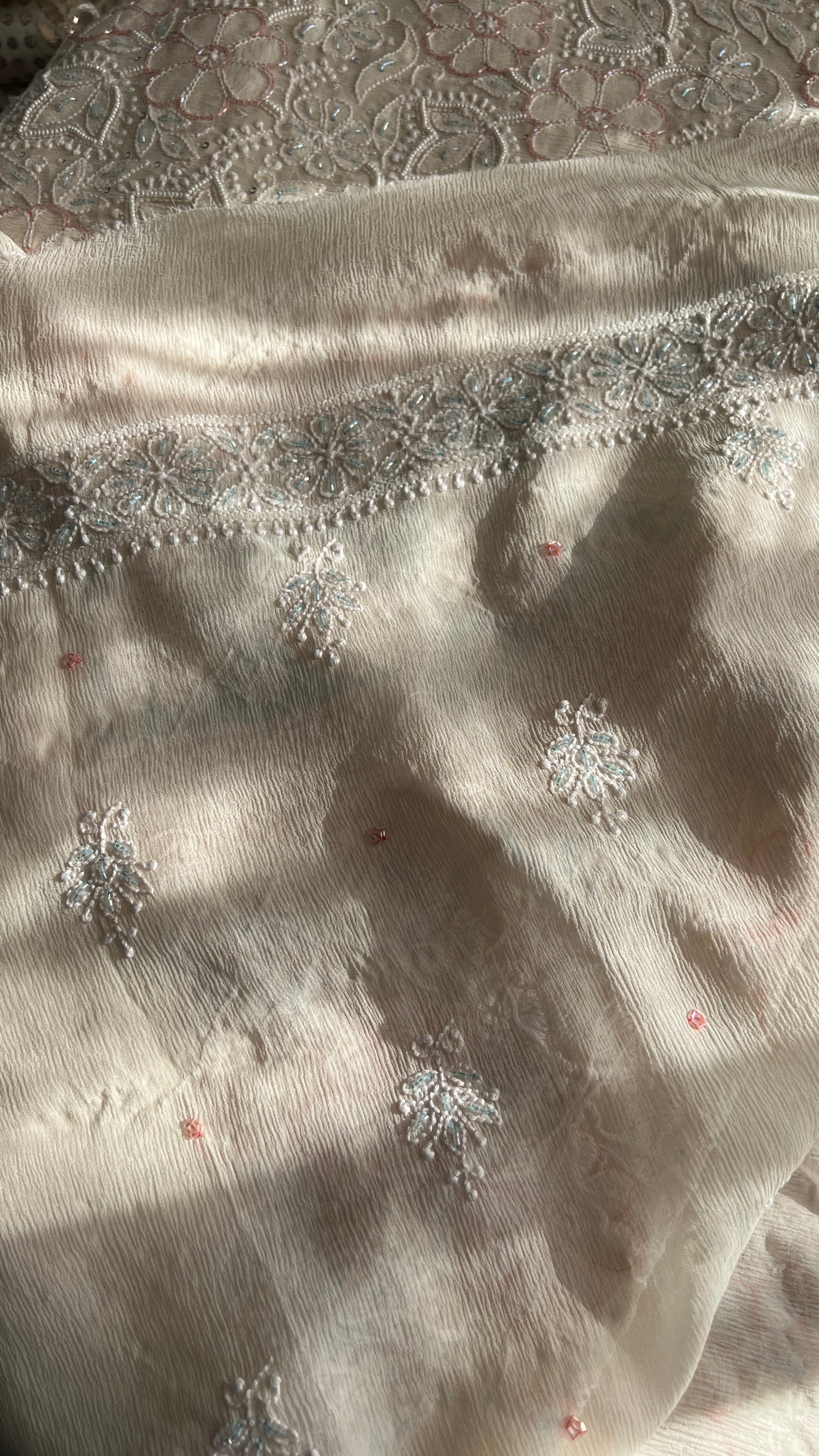 Cream pure chiffon Chikankari cut dana and sequins kurta and dupatta