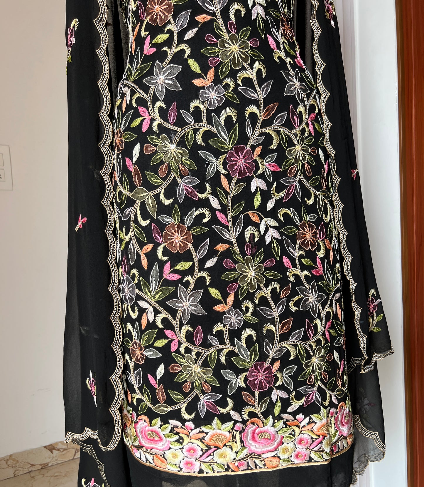 Black Resham Chikankari Parsi Gara and pearl work suit
