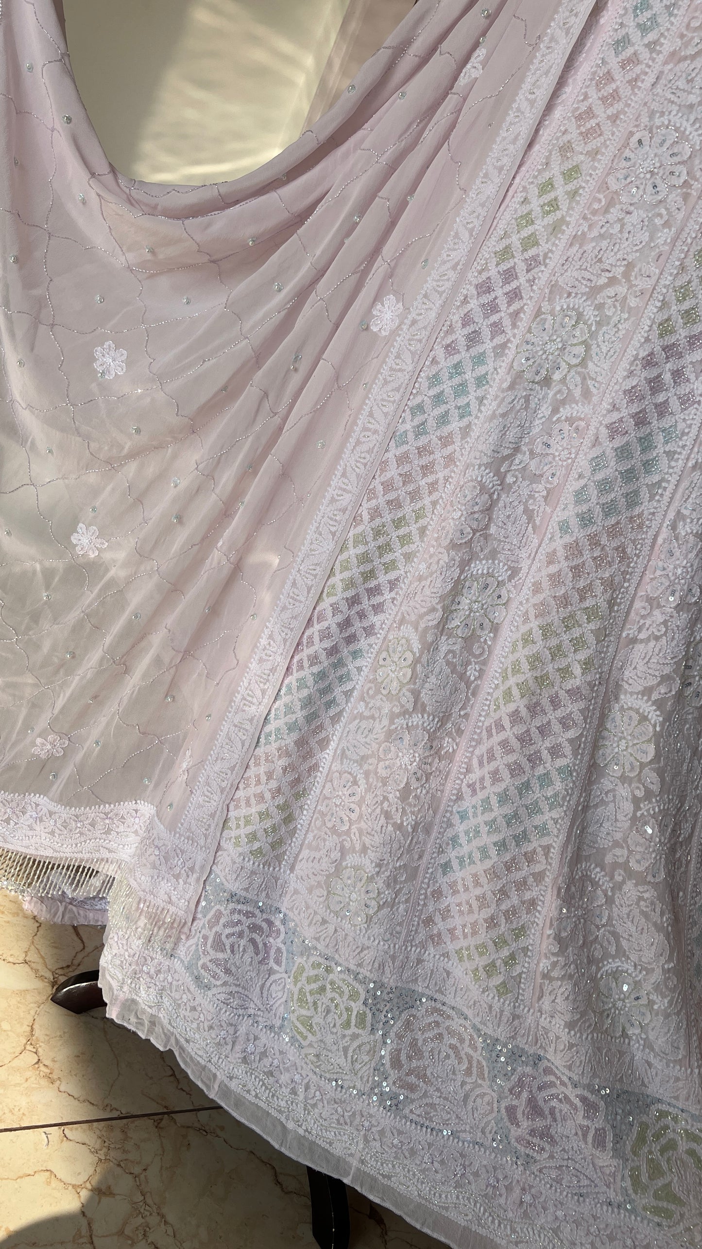 Ruhani Light Pink Chikankari multicolored Sequins and Cut Dana Anarkali