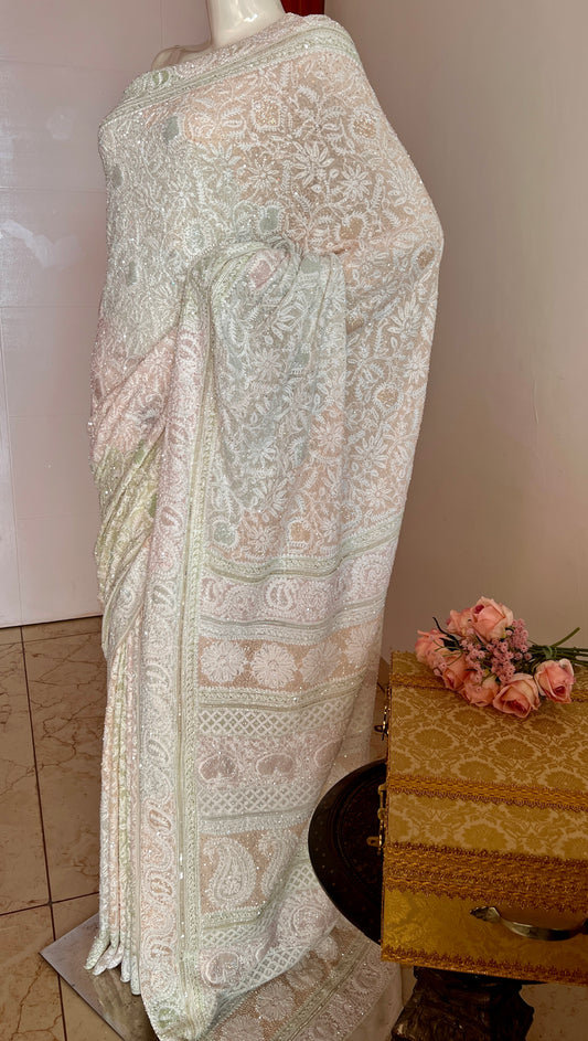 Ruhani Ivory Chikankari Multi Cut Dana and Sequins Saree